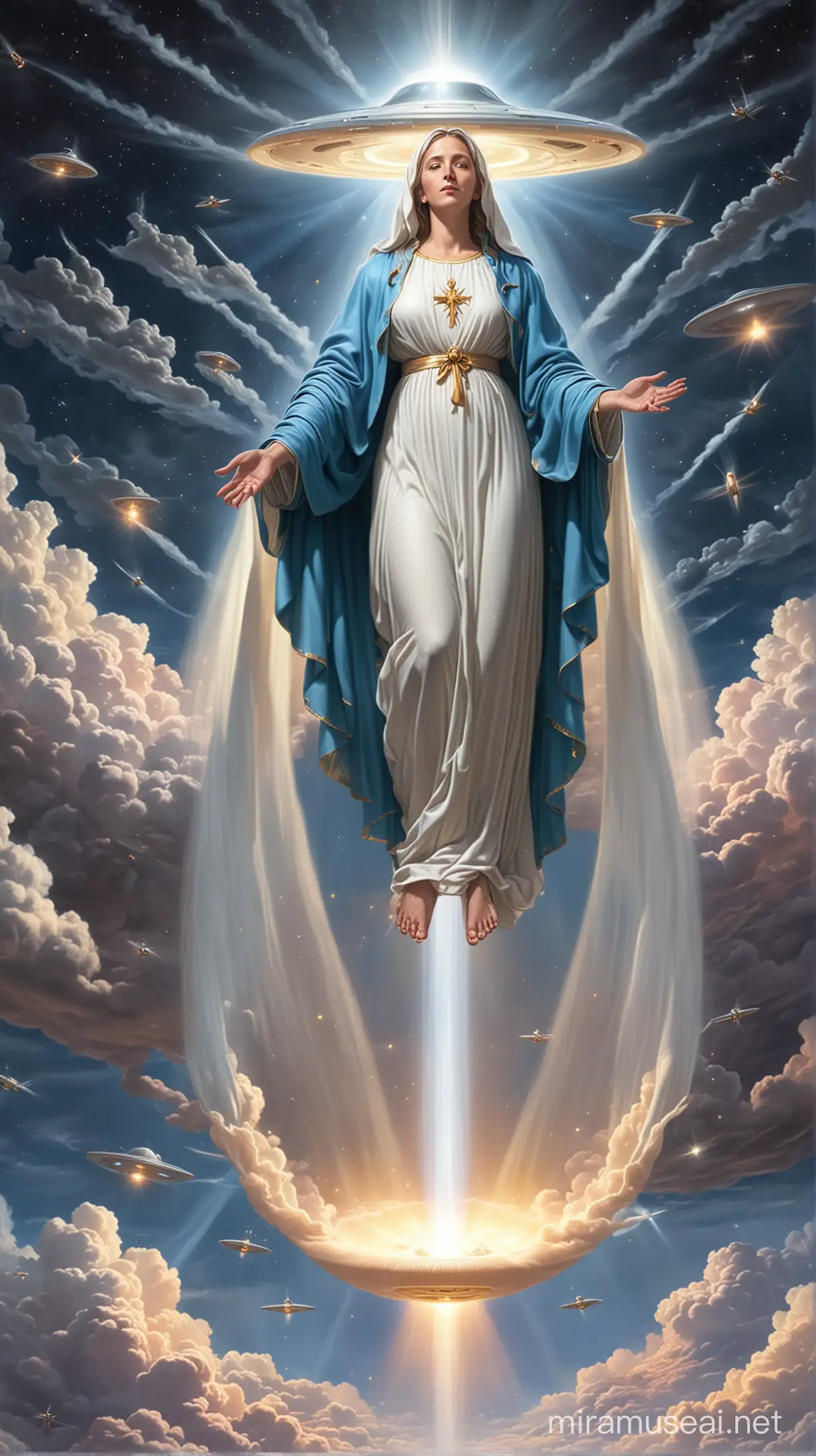 Virgin Mary Surrounded by a UFO in a Celestial Encounter