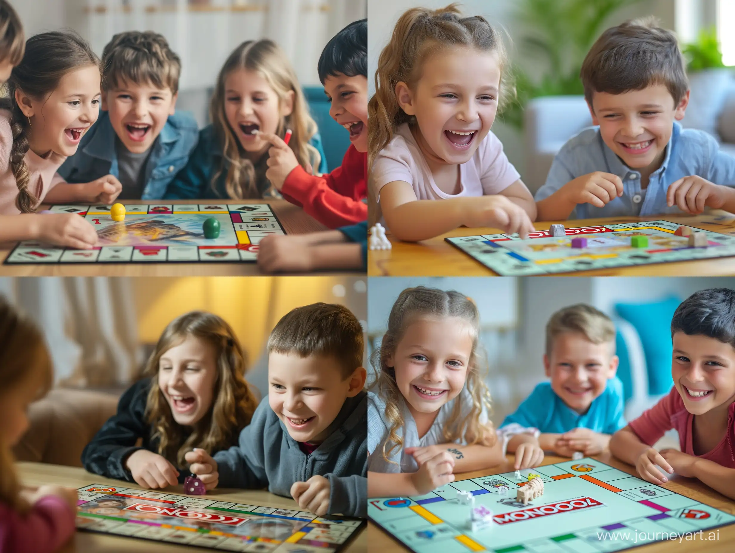 Joyful Children Playing Magic Table Game (Monopoly) Together