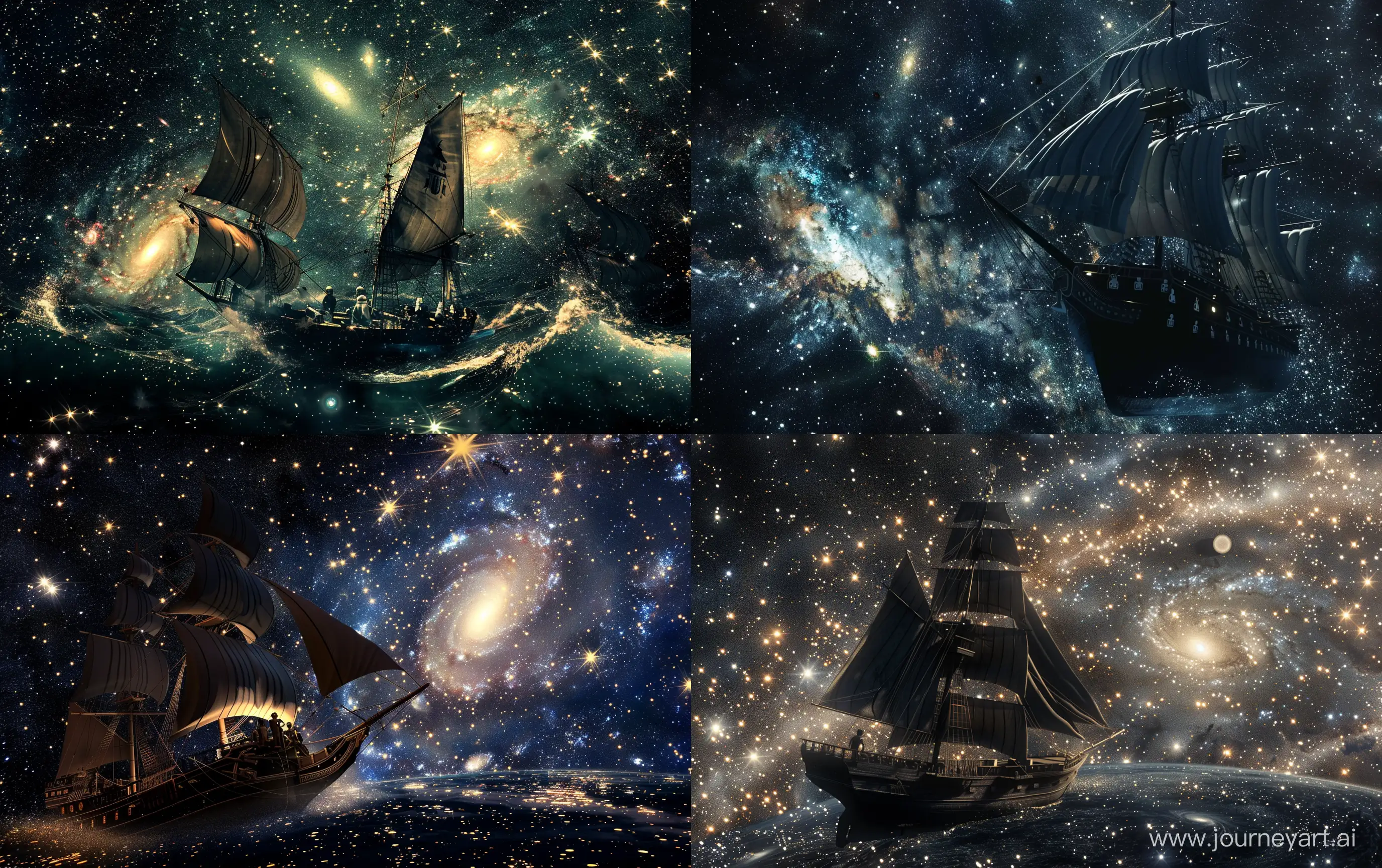 The sailing ship flies in deep space with galaxies and one quasar, a few human silhouettes on the ship, waves of shining stars, super realistic, cinematic --ar 16:10