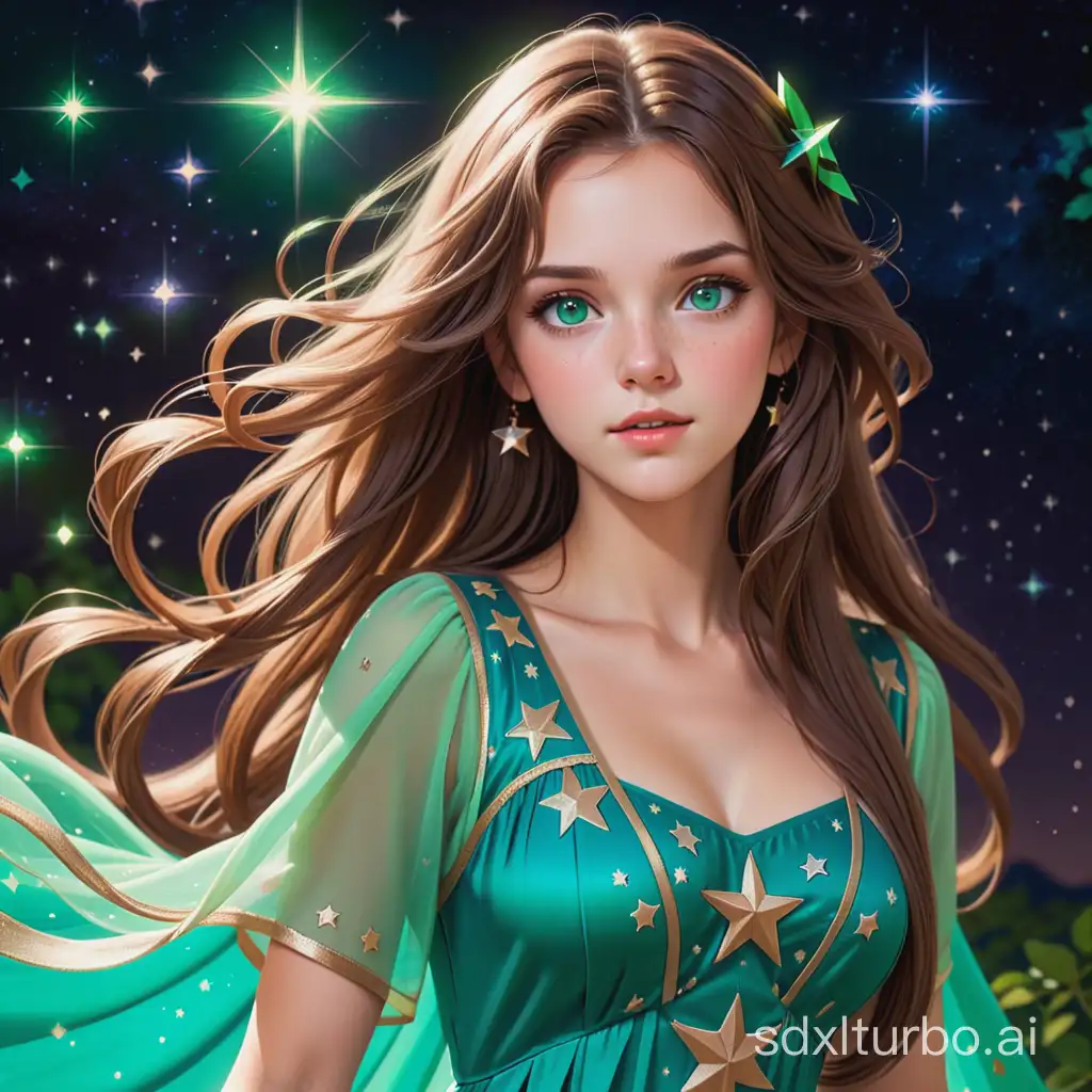 Long brown hair, Xanadu dress, stars, green and blue eyes