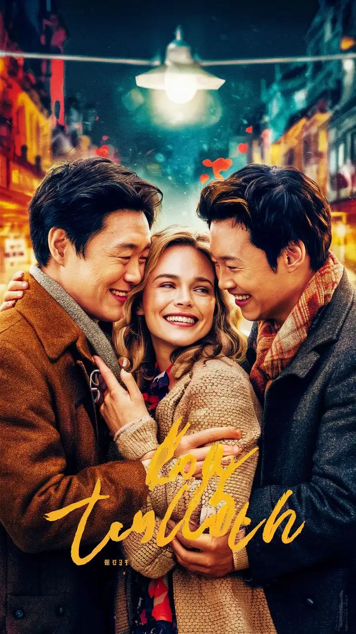 这是一个电影海报，爱情故事，三角恋，故事发生在欧洲街头的一个路灯下，全景，两个中国男人和一个欧洲的女人。