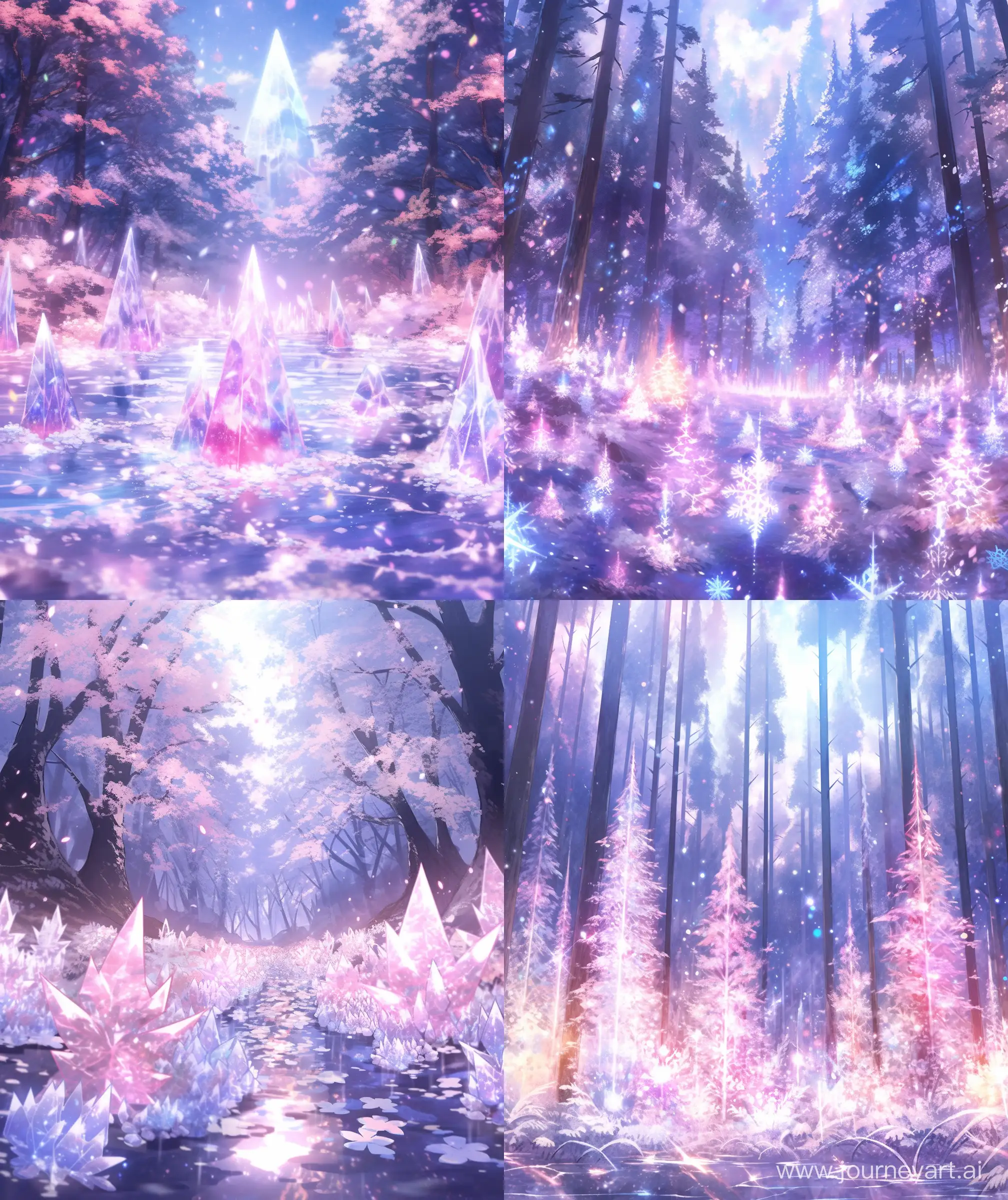 Mokoto shinkai style crystal forest, snow, beautiful ice crystal structure, semi frozen lake, purple pink snow flower, beautiful colorfull northern light, glistening atmosphere, sparkle crystal forest , makes it look like fantasy, ultra HD, high quality, sharp details, --ar 27:32 --niji 5 