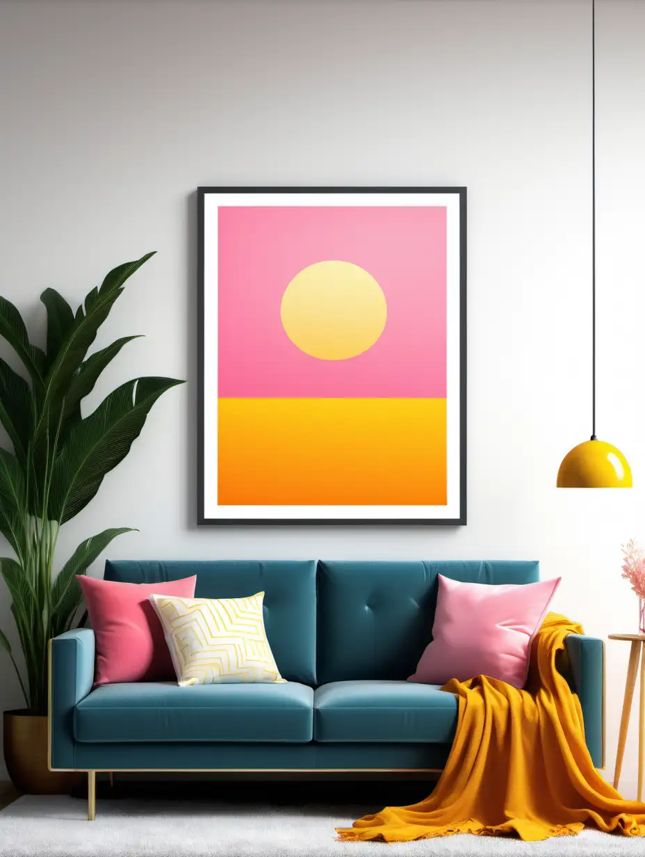 Photo mockups for only ONE piece of wall art in every picture, sunshine yellow, pink, orange, blue, green, livingroom, everywere inside the house, instinctual design and more vimsical
