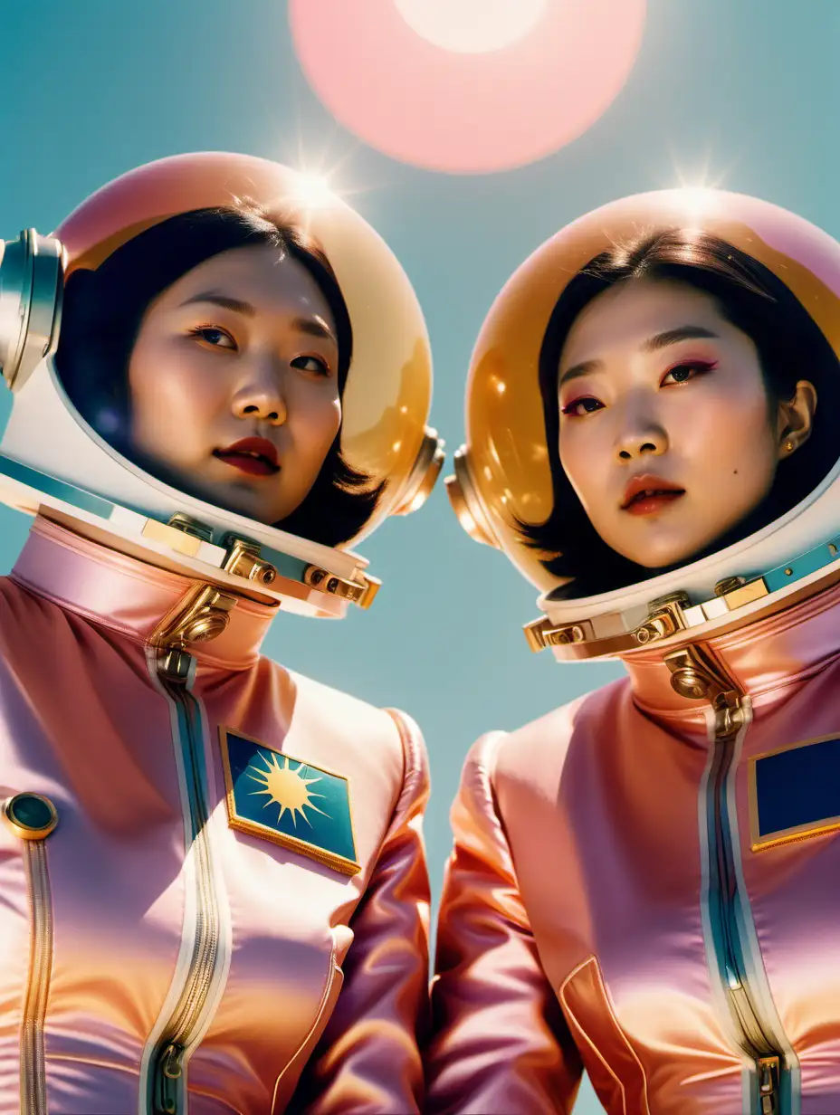 close-ups of two chinese women wearing haute couture space suits flying in front of the sun with jasmine, gold and pink, cinematic, wes anderson color palette, 35 mm