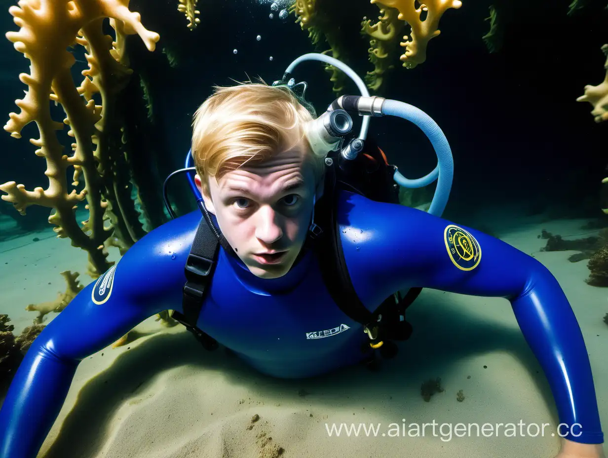 Blond 18 year old scuba diver. He is struggling furiously to free himself from underwater quicksand in which he has sunk up to his knees.  He is wearing a scuba mask.  He is surrounded by kelp. He is wearing a blue wetsuit.  He has a fearful expression on his face. His regulator has fallen from his mouth.  A few small bubbles float up from his mouth.