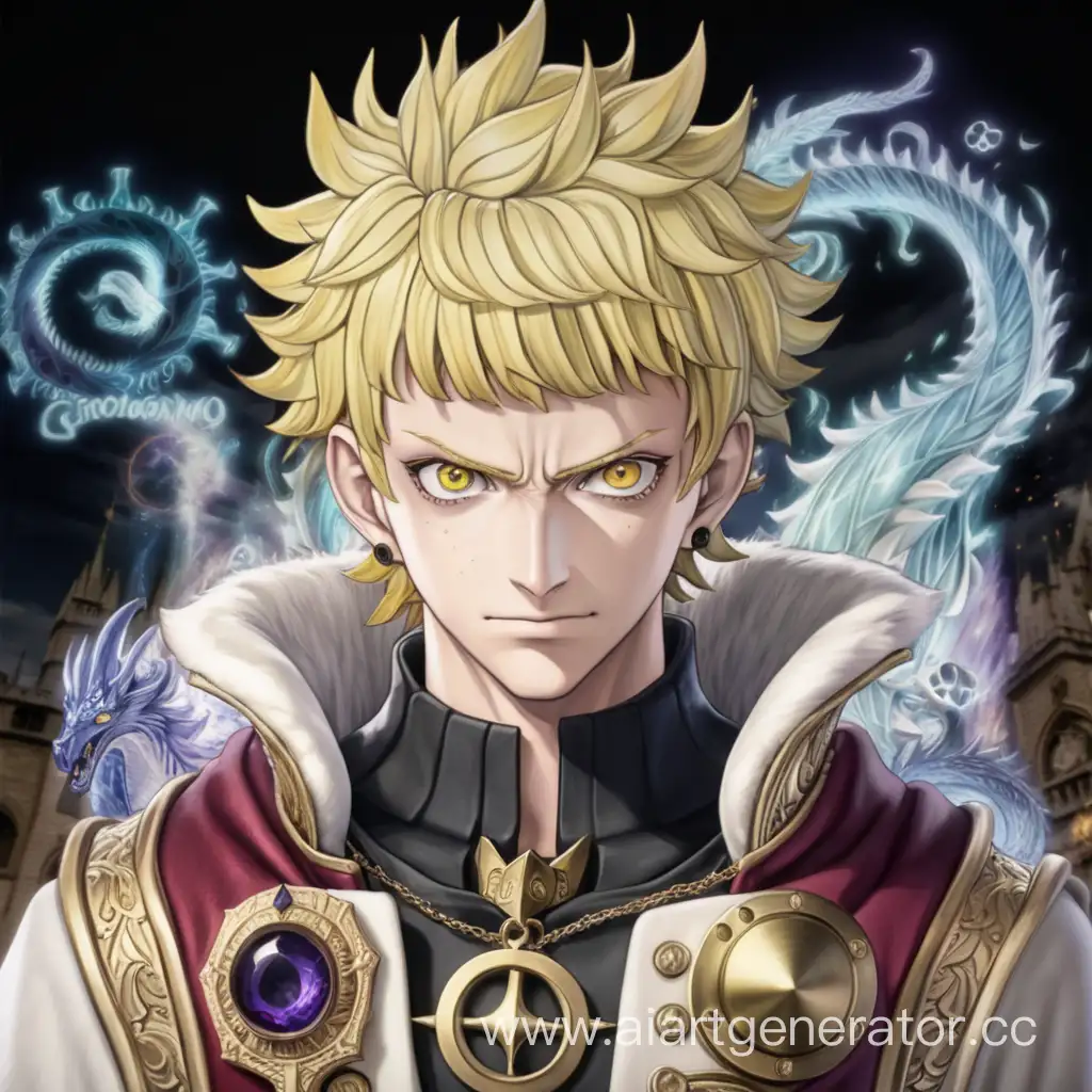 character julius novachrono from black clover with time dragon. Make one detailed character that looks exactly like julius novachrono with yellow hair
in styly of anime black clover and he stand with his grimuar