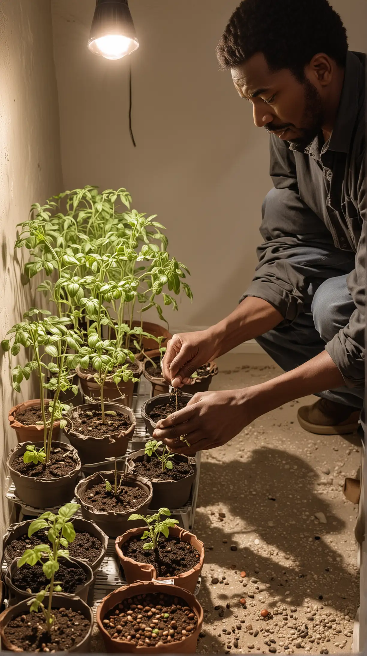 Indoor Gardening African American Man Planting Tomato Seeds in Starters with Grow Lights