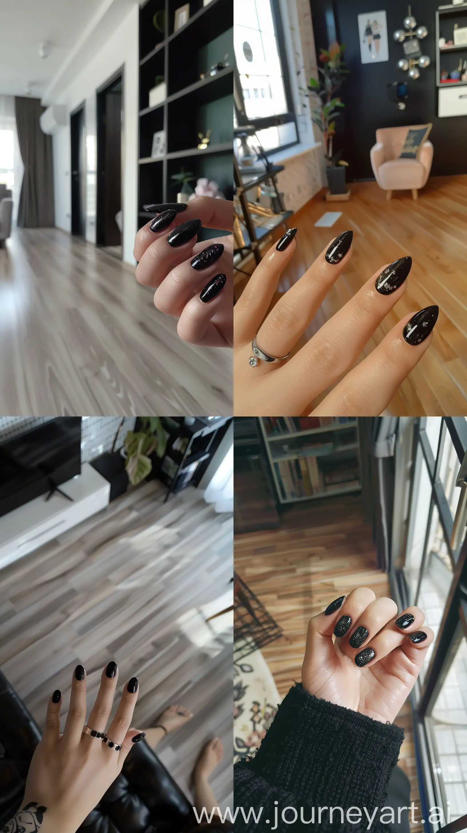 aestethic instagram selfie, close up korean girl hand with black nail art, modern apartment floor --ar 9:16