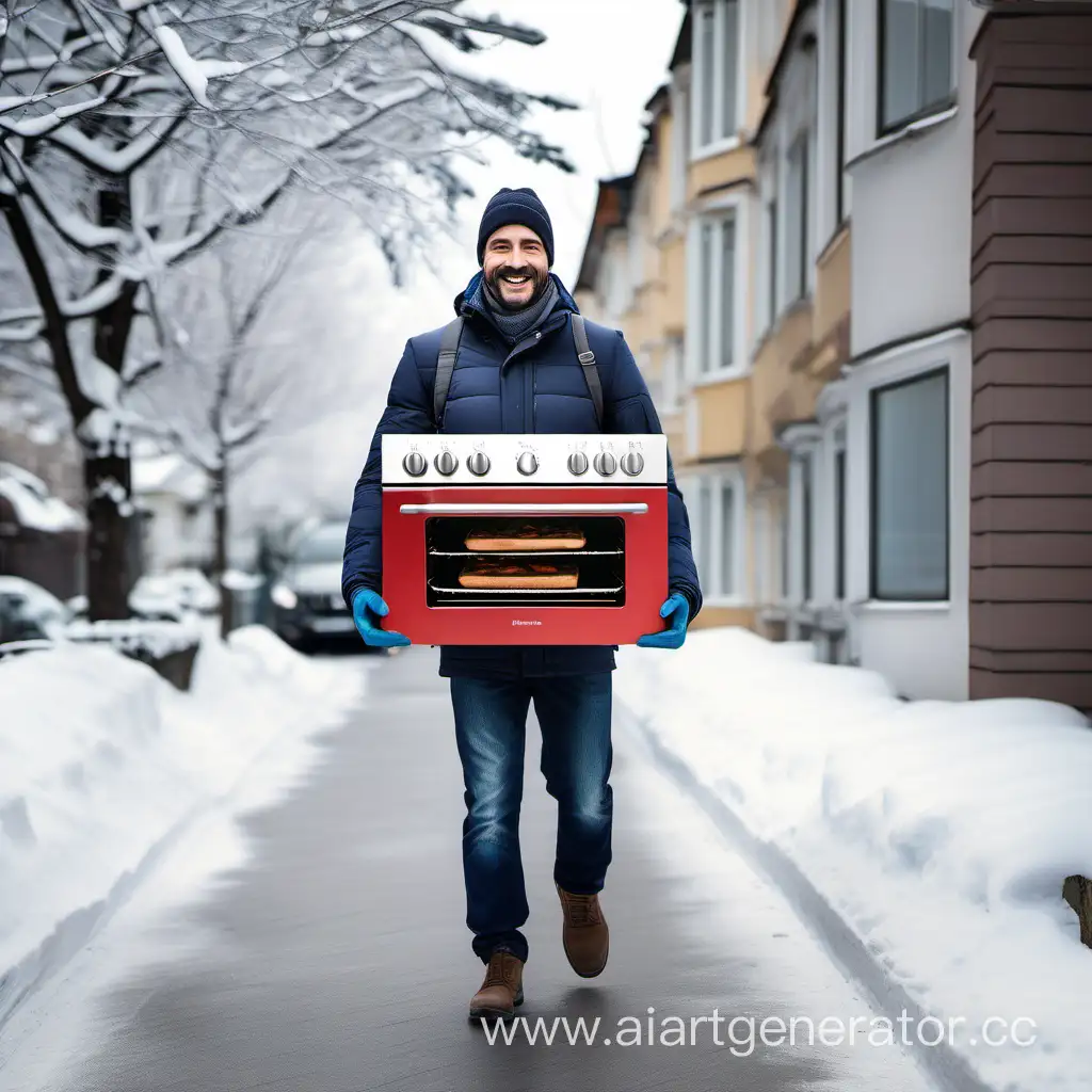 i5 processor kitchen oven carried home by a satisfied man on a winter street