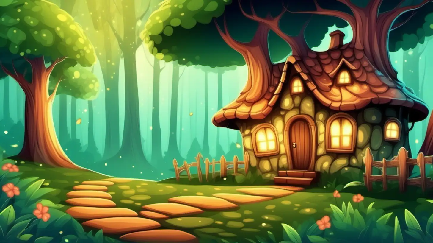 Enchanting Cartoon Forest Scene with Cottage and Radiant Light