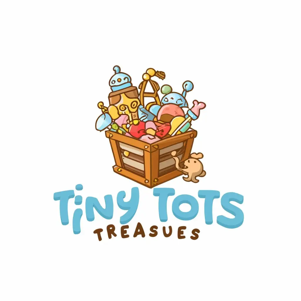 a logo design,with the text "Tiny tots treasures", main symbol:The logo features the text "Tiny Tots Treasures" in a playful and rounded font, with each word stacked on top of the other. The lettering is soft and whimsical, conveying a sense of innocence and charm.

Below the text, there is an illustration of a treasure chest adorned with baby-related items such as toys, rattles, and blankets spilling out. The treasure chest symbolizes the abundance of precious items and memories that the store offers for little ones.

Surrounding the treasure chest are playful cartoon characters representing different stages of childhood, such as toddlers playing with toys, babies sleeping peacefully, and infants giggling. These characters add a sense of joy and liveliness to the logo.

The color palette consists of soft pastel tones such as light pink, baby blue, and mint green, evoking a sense of warmth and innocence.,Moderate,be used in Retail industry,clear background