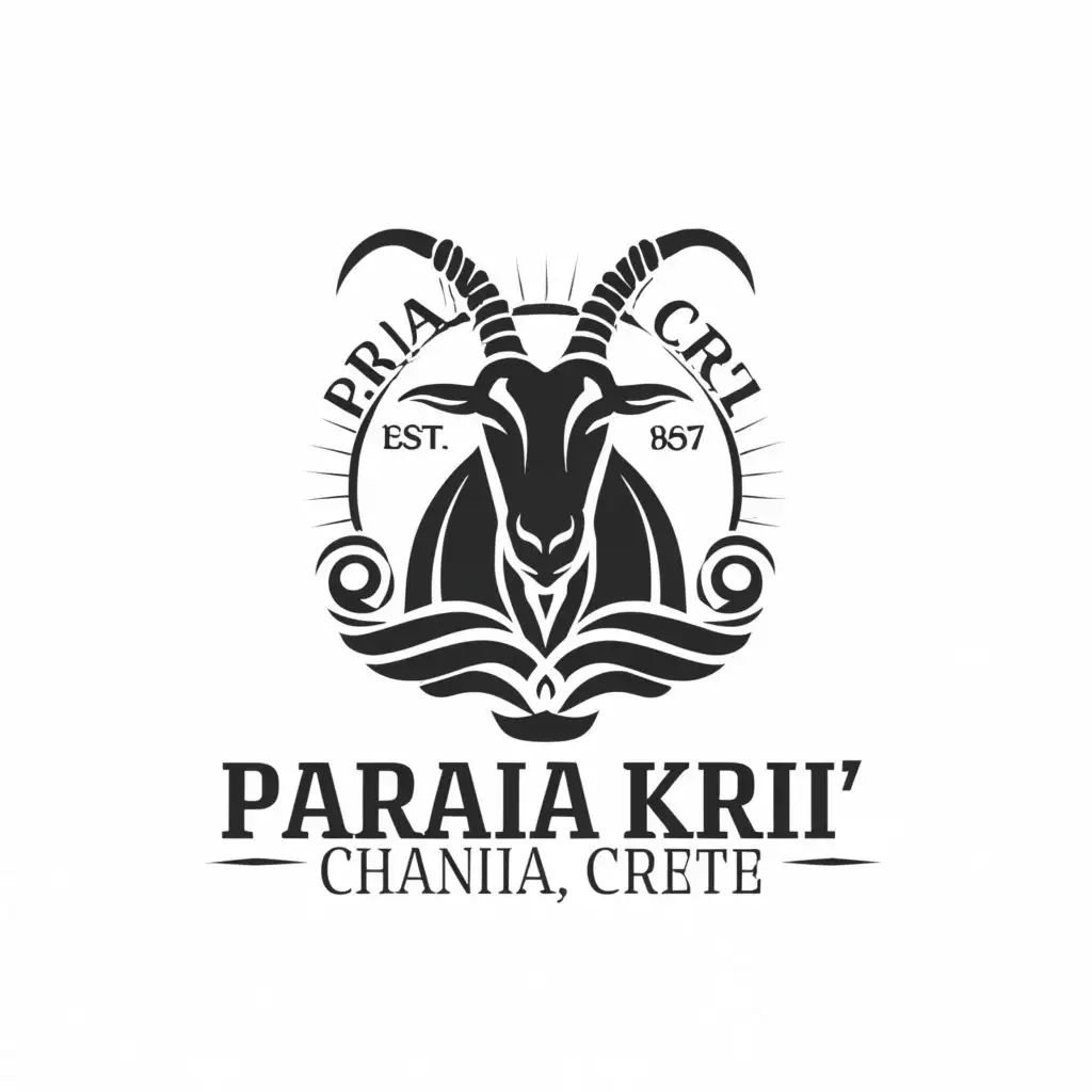 logo, Black and white logo of majestic greek mountain goat head with two straight horns and waves around it, with the text ""Paralia kri kri" chania, crete", typography, be used in Retail industry