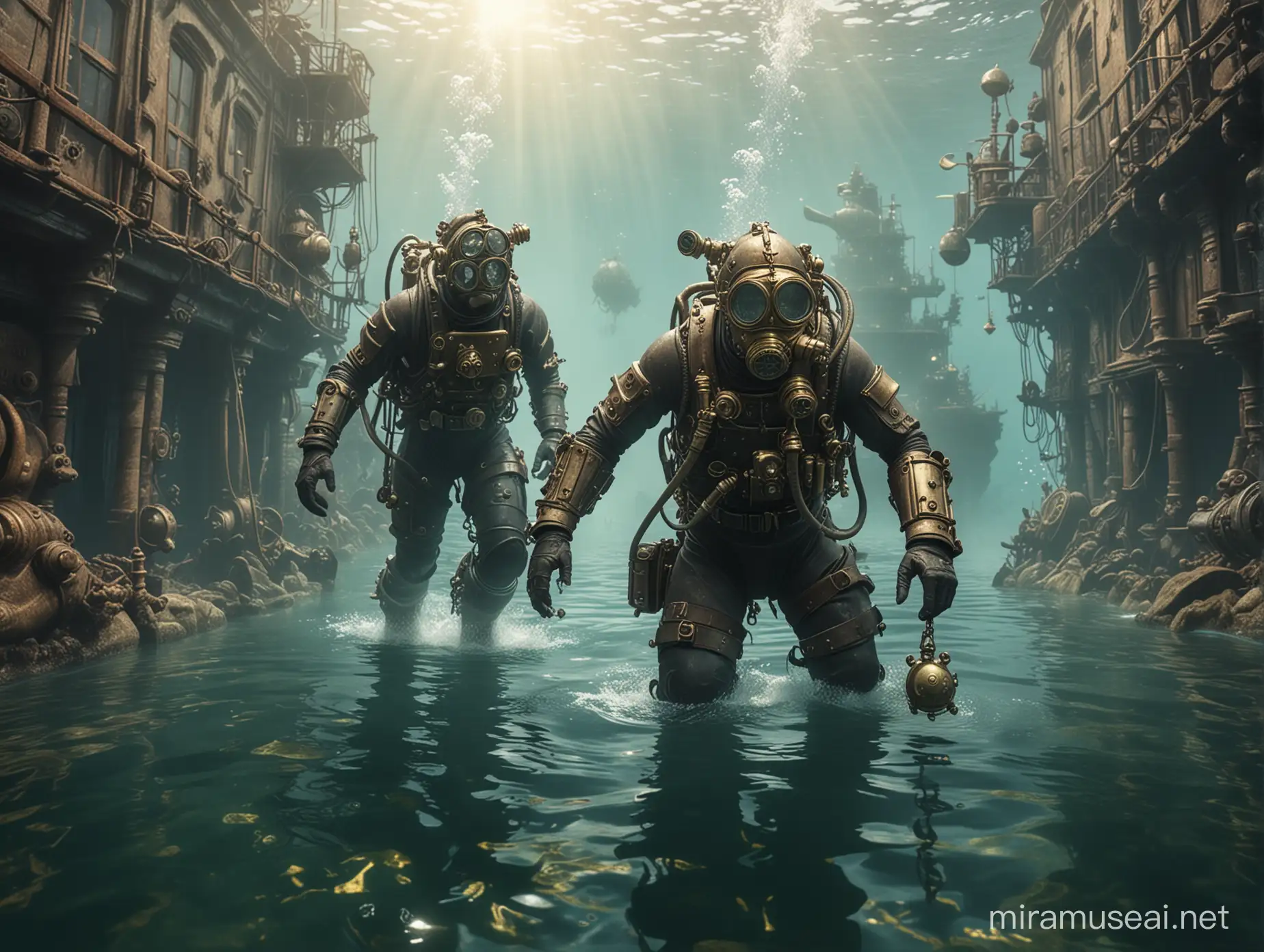 High definition photography, high quality, 8K Ultra HD, one steam punk diver, brass equipment, marching underwater searching for a treasure, discovering strange antique lost underwater city, sea monster attacking, blurred background, indirect light, photo realistic cinematic landscape