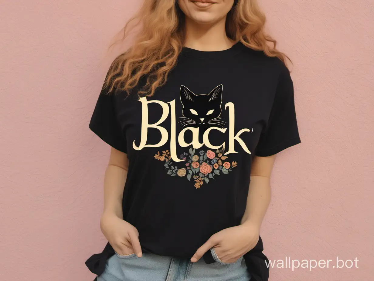 Black cat T-shirt, Bohemian lettering, Cottagecore shirt, Oversized vintage cat T-shirt, Pastel black cat shirt, Cat lover shirt