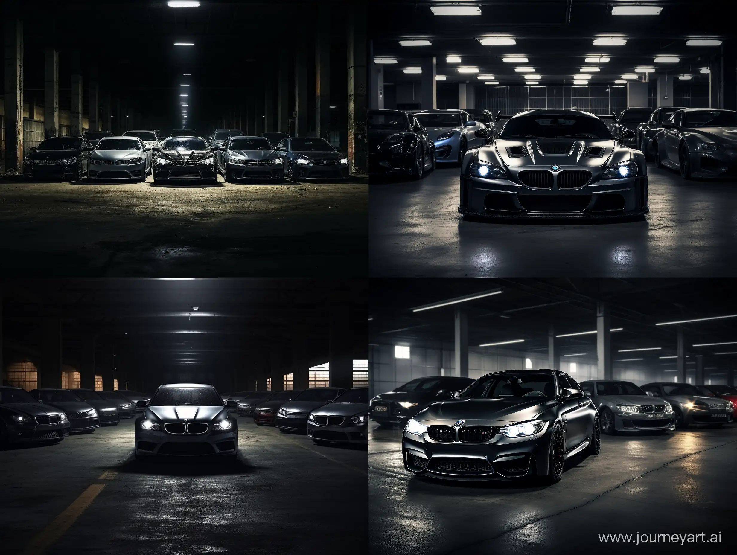 many cars in garage, dark beautiful photo for album cover