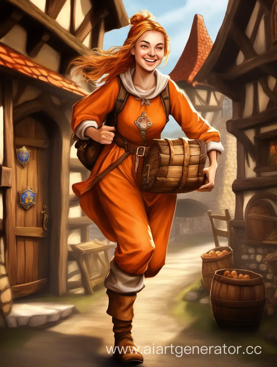 Девушка в оранжевом походном наряде. Куда-то бежит. Она радостная. У неё свиток в руках. За спиной Рюкзак. Она местный курьер или почтальон. Средневековье. Девушка где-то в таверне