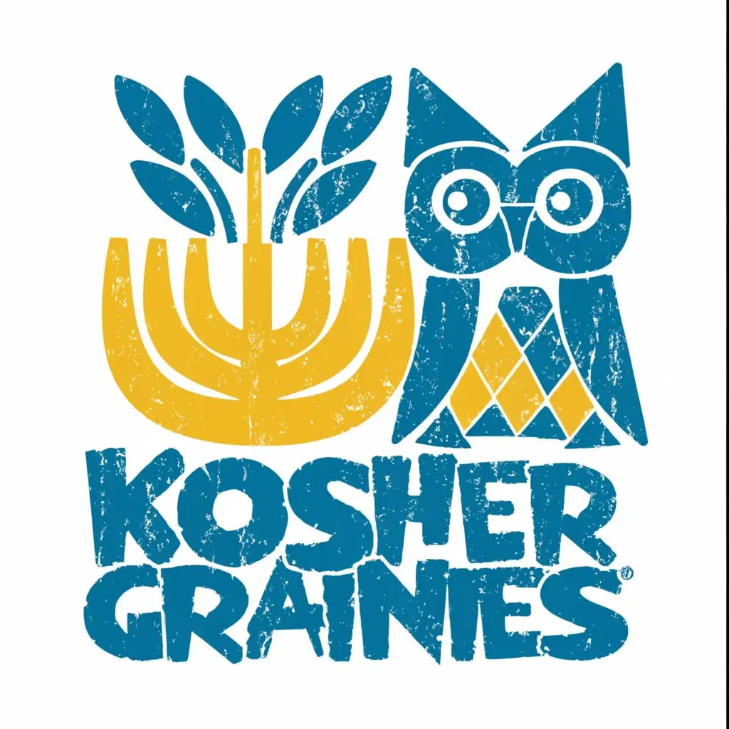 logo, Israel, yellow, blue, white, green, yellow Menorah, Paul Klee, owl, lemon yellow menorah with 7 branches, with the text "Kosher Grannies", typography, be used in Automotive industry