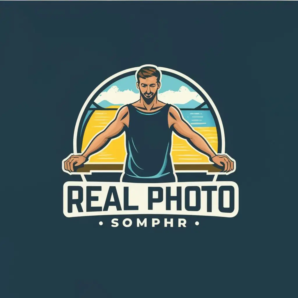 logo, MAN ON THE FRONT OF A YACHT HOLDING ON RAIL WITH SHIRT OPEN FACING FORWARD, with the text "REAL PHOTO", typography, be used in Sports Fitness industry