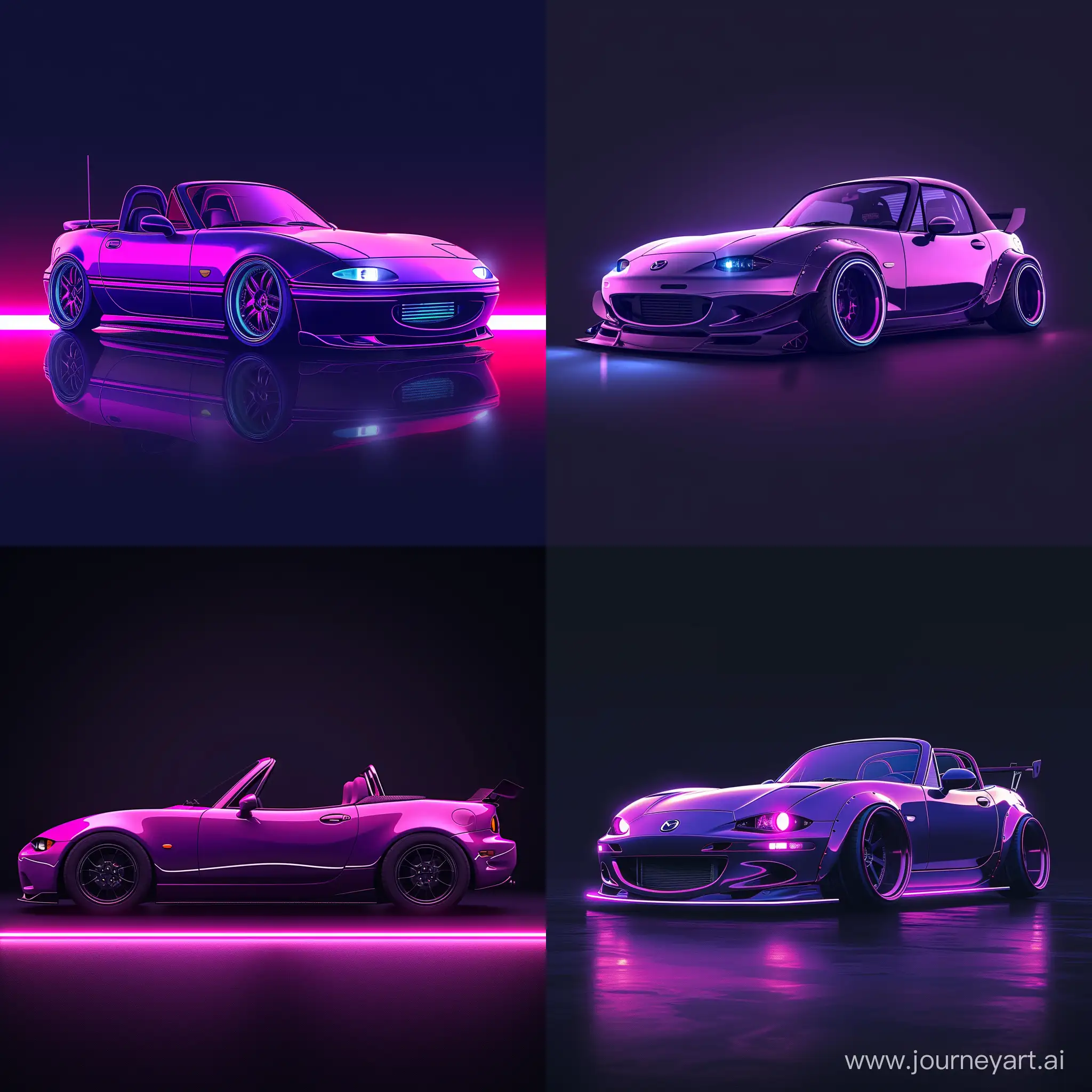 Minimalism 2D Illustration Car of 2/3 View, Mazda Miata: Customized Body Kit, Bold Purple Body Color &, Simple Neon Background, Adobe Illustrator Software, High Precision