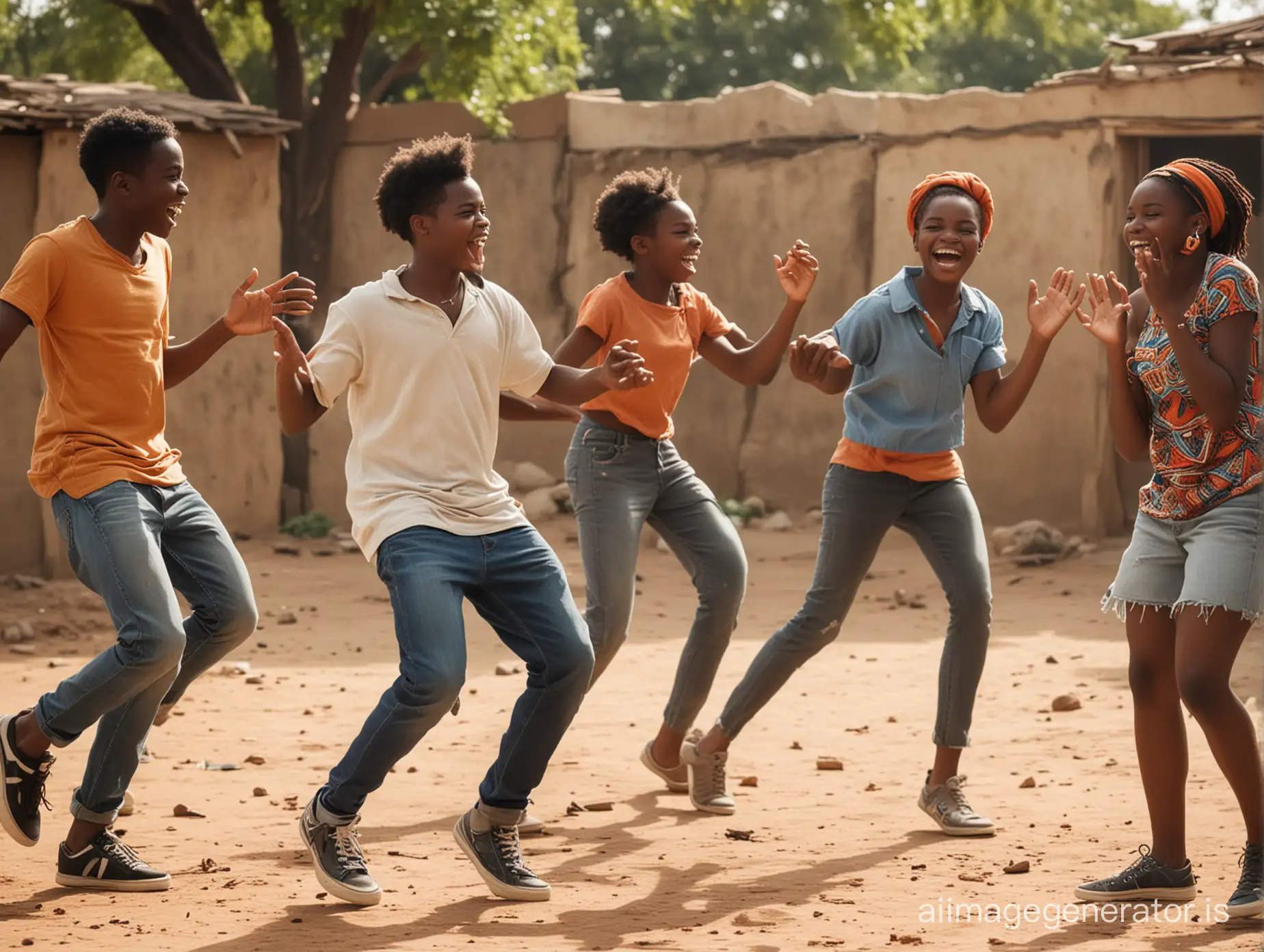 create a group of African teenagers some listening to music others dancing and story telling 