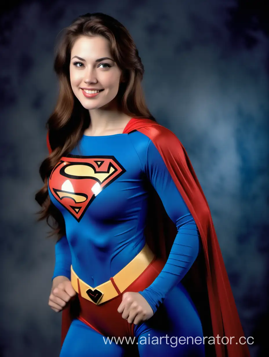 A pretty woman with brown hair, age 21. She is happy. ((She is Extremely Muscular)). Powerful. Strong. Mighty.
She is wearing a Superman costume, blue sleeves, blue leggings.
Photo studio. Superman The Movie.