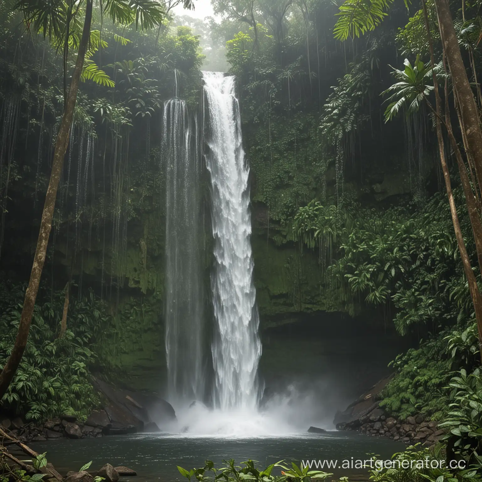 Водопад в тропическом лесу
В камеру летят брызги от него