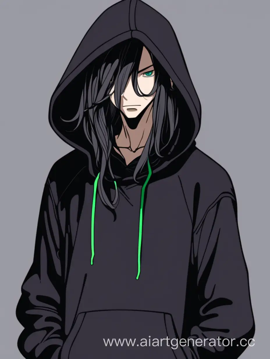 anime slime guy with long hair in a big black hoodie