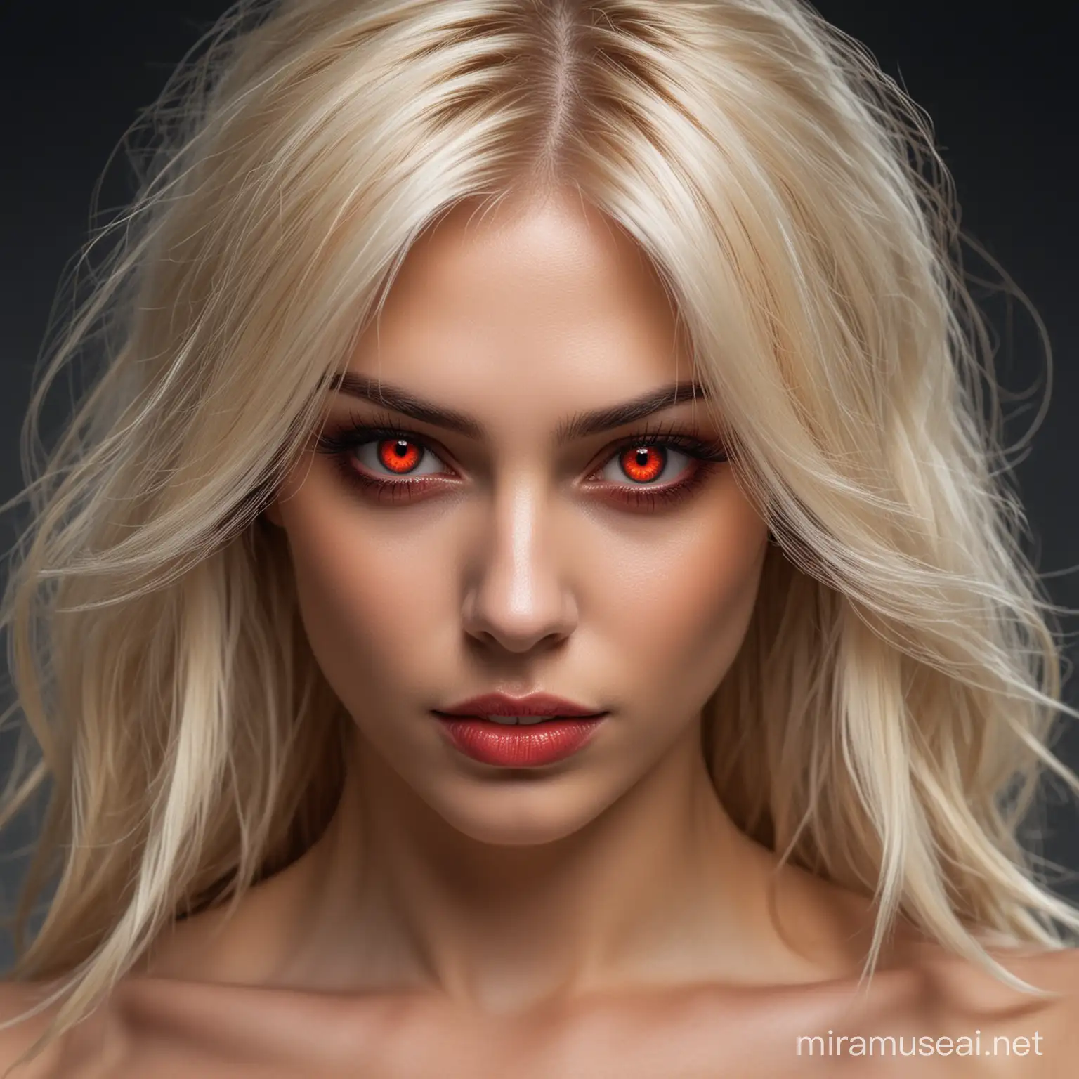 Mujer de cabello rubio, sensual, ojos rojos, desprende una aura demoníaca. 