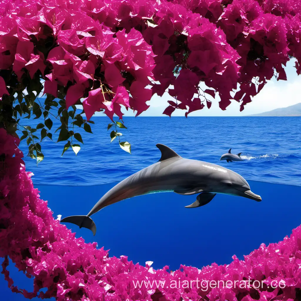 Vibrant-Bougainvillea-by-the-Seaside-with-Playful-Dolphins
