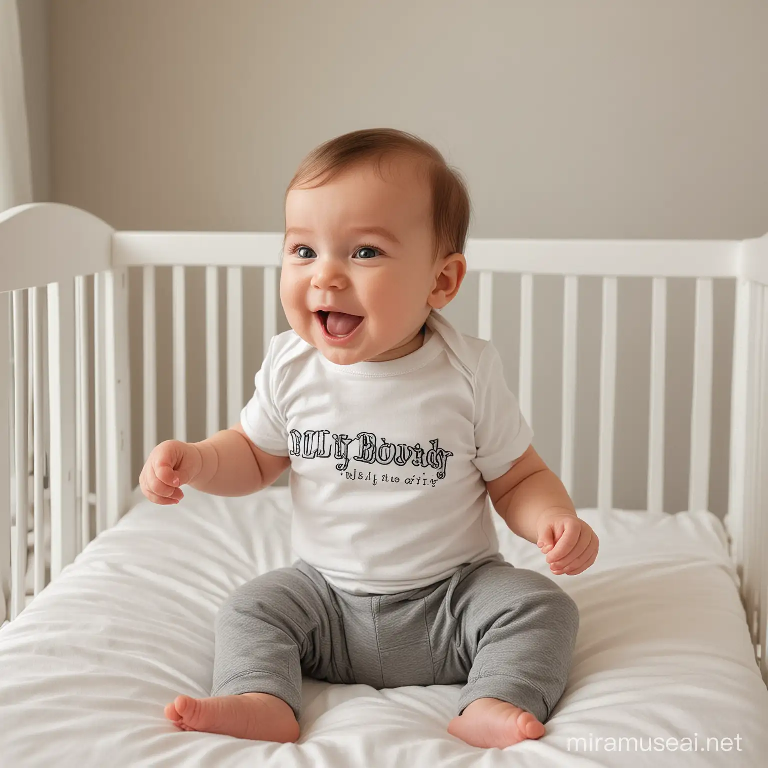 baby wearing a classic-fit T-shirt with a cozy crew neck, happily playing in their crib