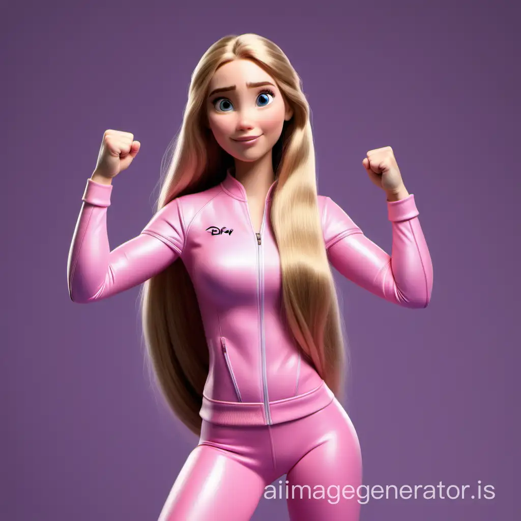 Disney princess Rapunzel in a pink sports suit, resembling a real modern girl, holding a fist up, long hair, identical eyes, realistic photo, 5 fingers on hands, symmetrical proportions, realistic pose, HD quality, expression of victory and joy on the face in full growth