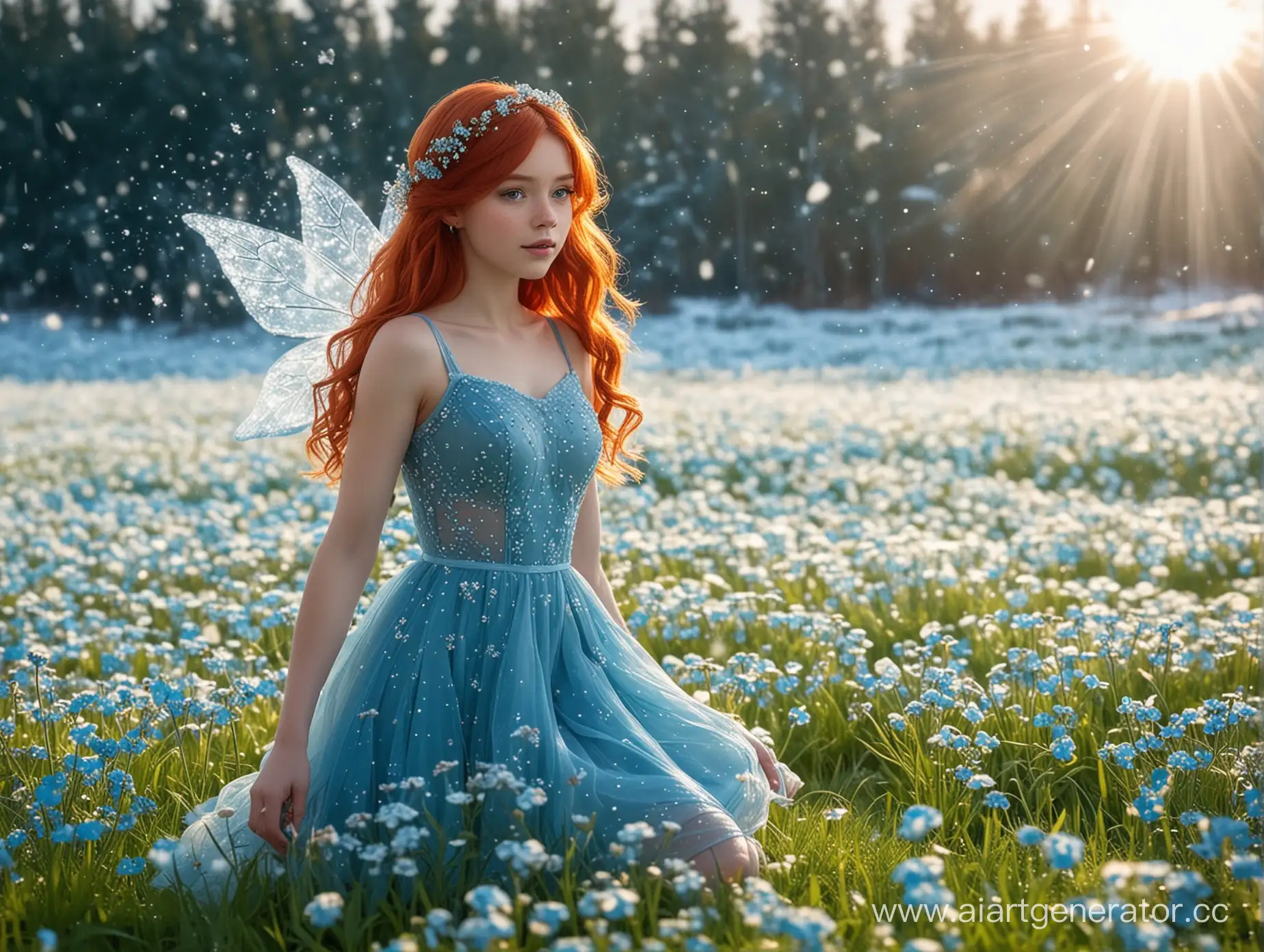 девушка, похожая на фею Незабудку из мультфильма ФЕИ , у девушки красные волосы и красное длинное платье без рукавов с геометрическим декольте , на фоне пейзаж льдины и снежинки и солнце и немного зеленой травы.