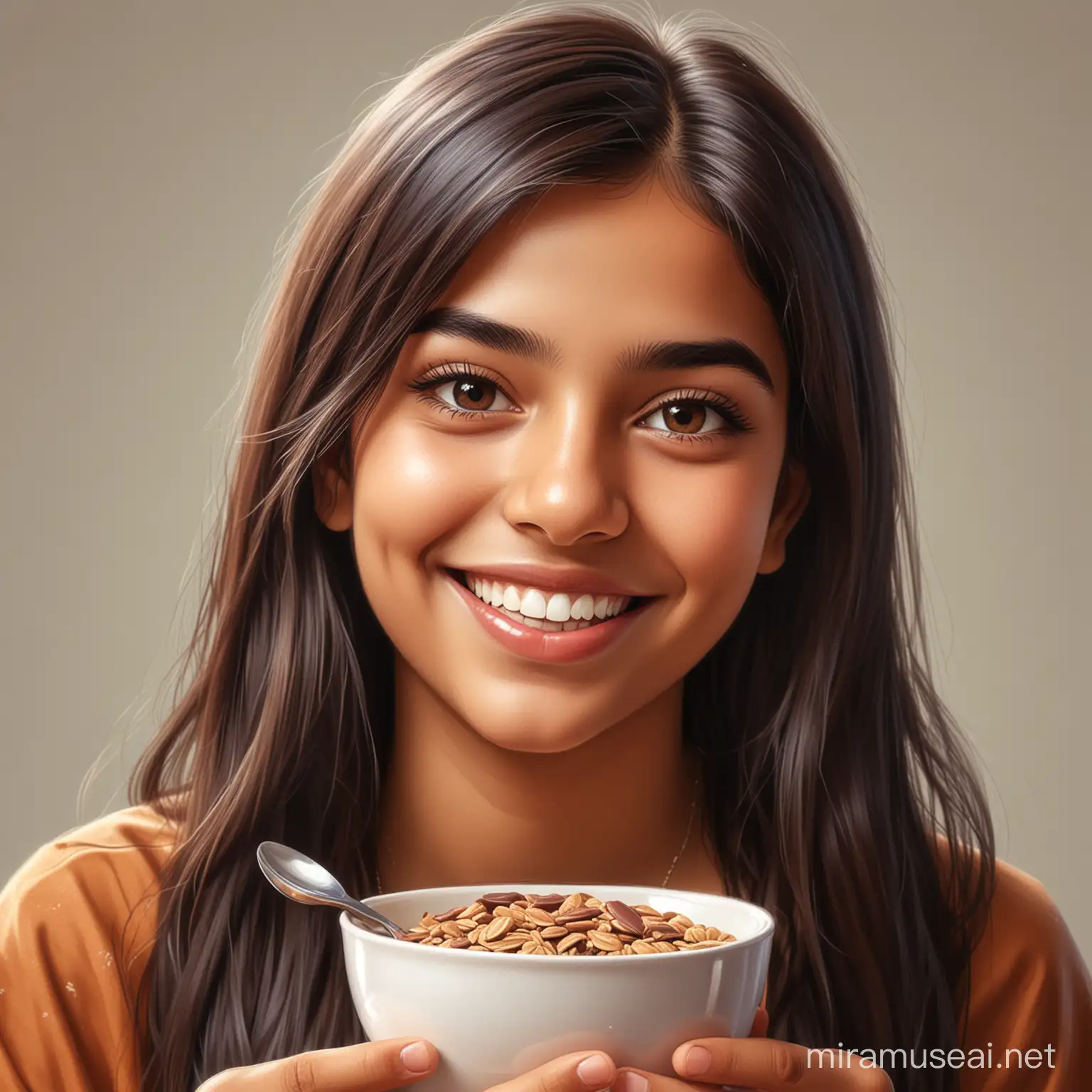 Indian Girl Student Enjoying Chocolate Oats in Realistic 2D Art