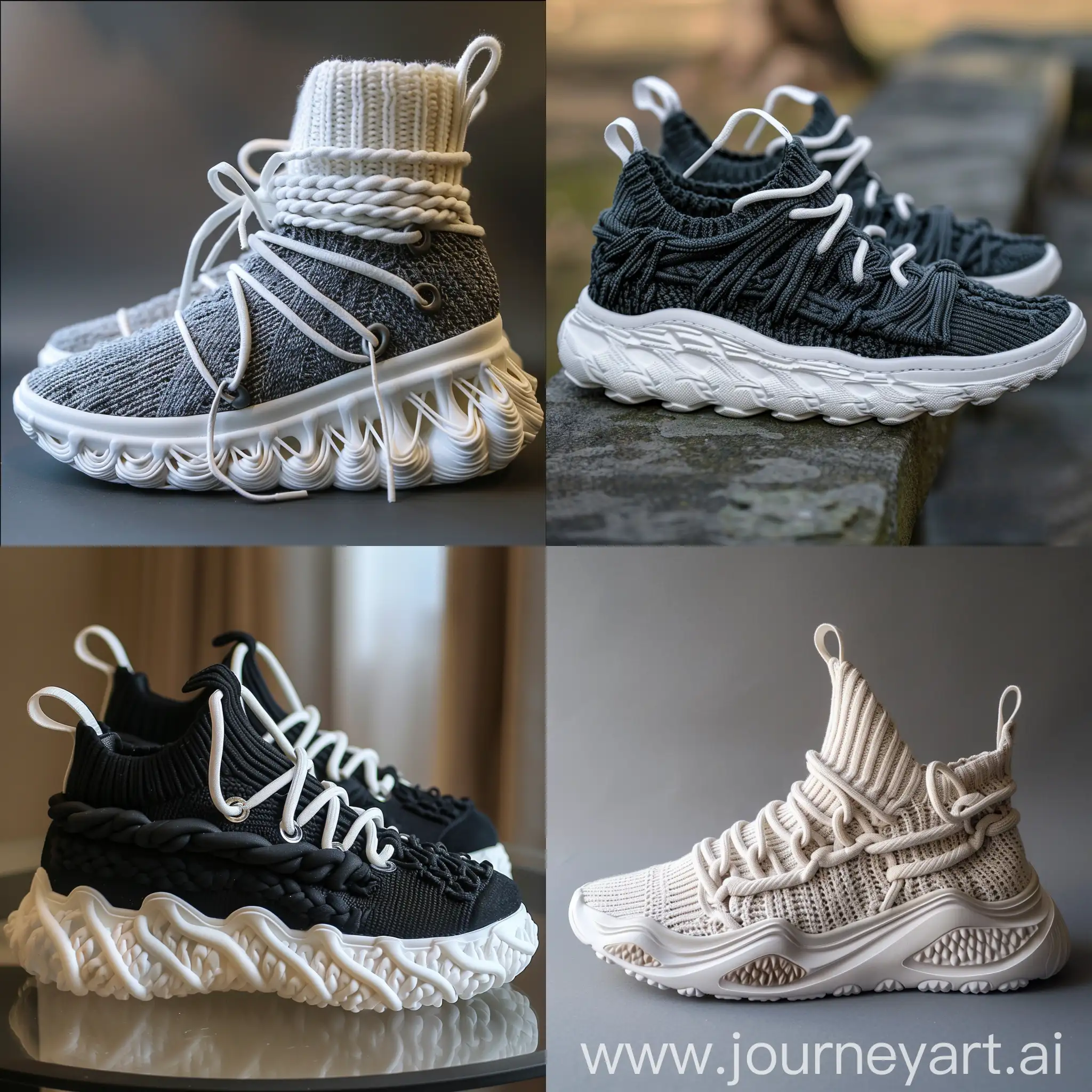 Sneakers design , inspiration by knitted fabrics , some knitted cables on it , white rubber midsole , cable knitted on midsole , chunky , trendy , color black , knitted laces , circle of 5 laces on the top of sneakers , low neck