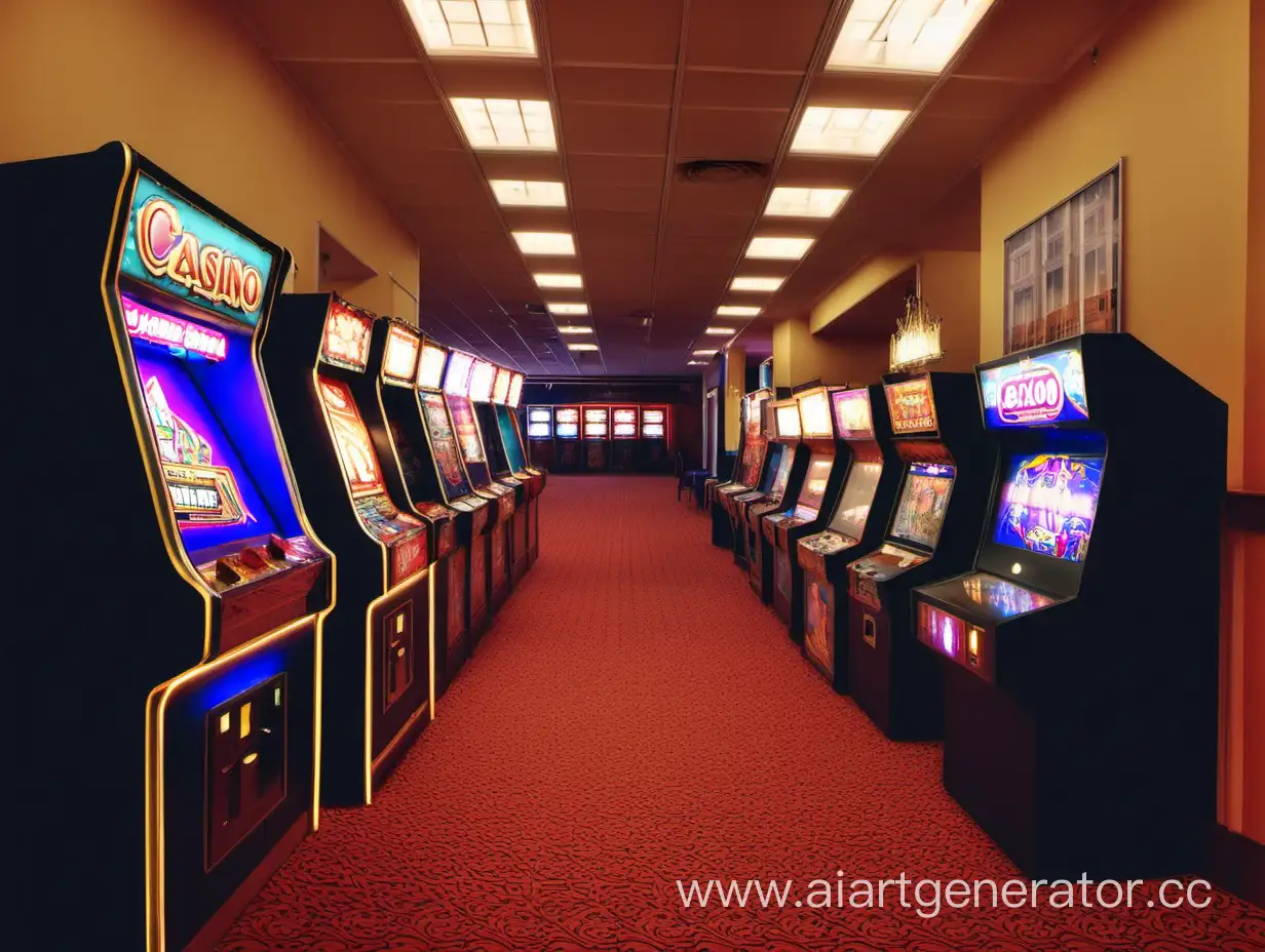 a hallway in casino with  arcade machines