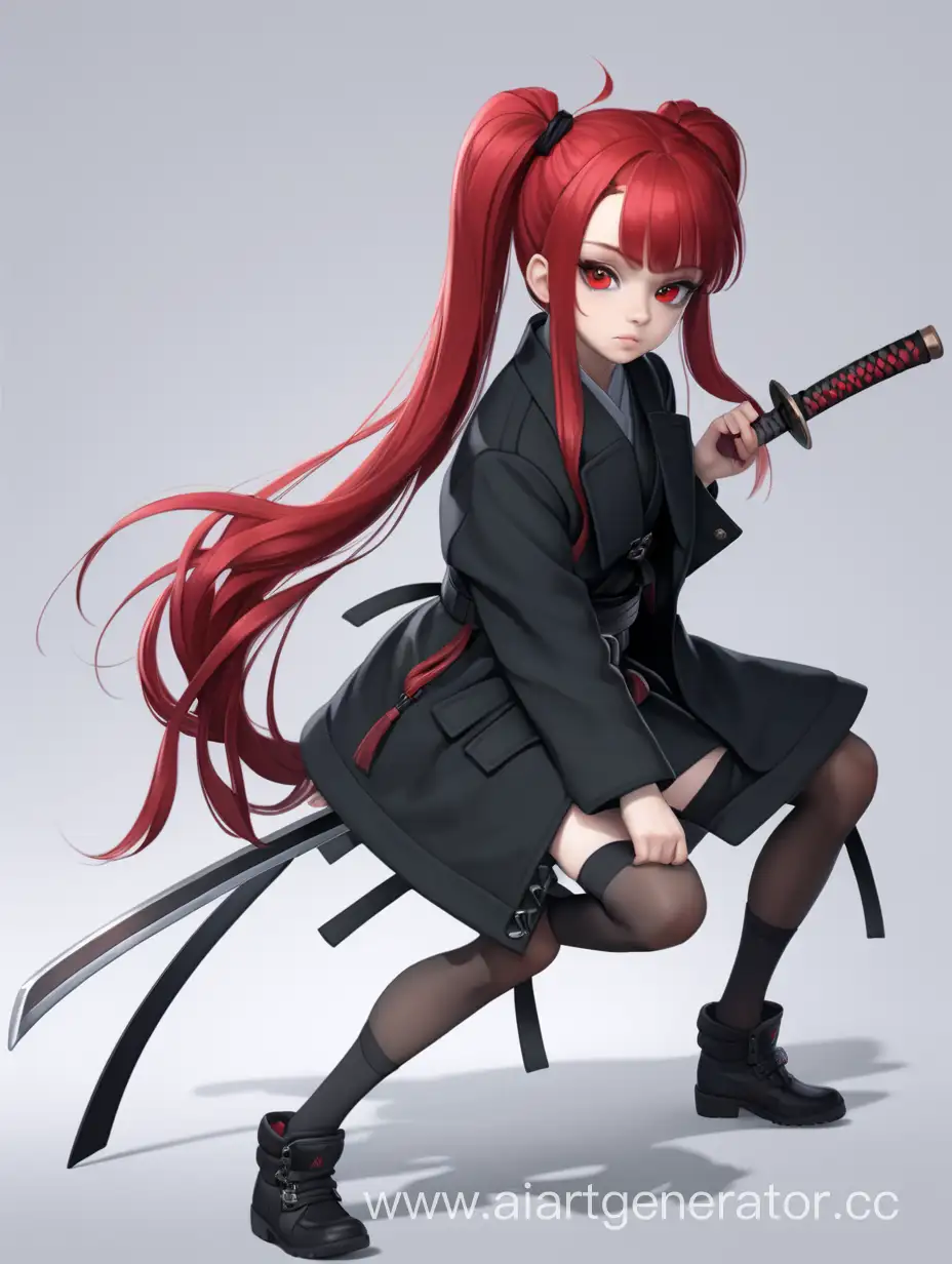 Девушка с красными длинными волосами собранными в два хвоста, с длинной чёлкой, с красными глазами, в чёрном длинной плаще и с катаной в руке