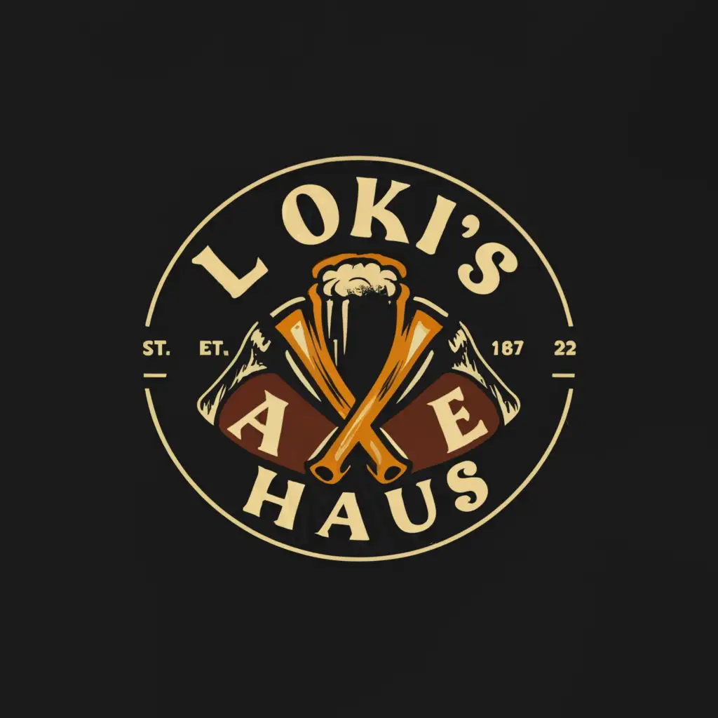 a logo design,with the text "Loki's Axe Haus", main symbol:beer and axes combined,Moderate,be used in Entertainment industry,clear background