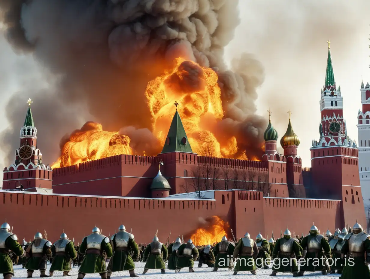 The Moscow Kremlin is on fire, orcs kneel around with raised paws