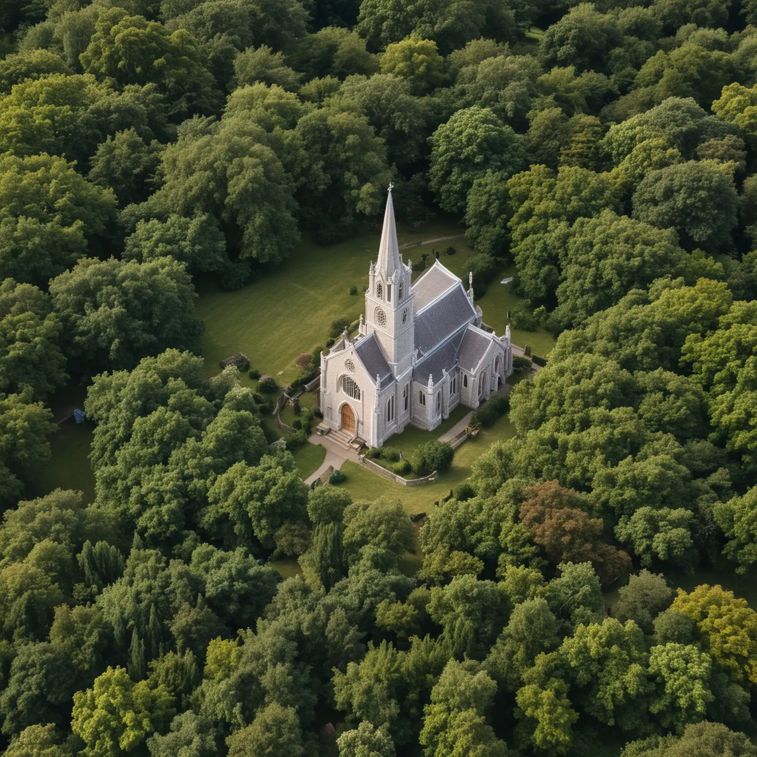 small english church surrounded by trees from above

