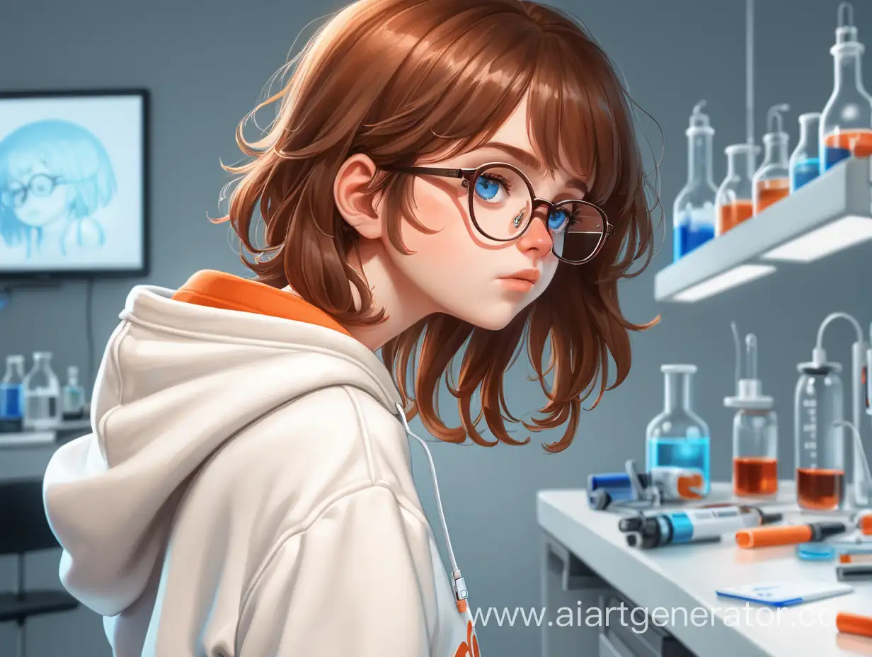 Girl-in-White-Sweatshirt-and-RedOrange-Shorts-with-Tousled-Brown-Hair-and-Glasses