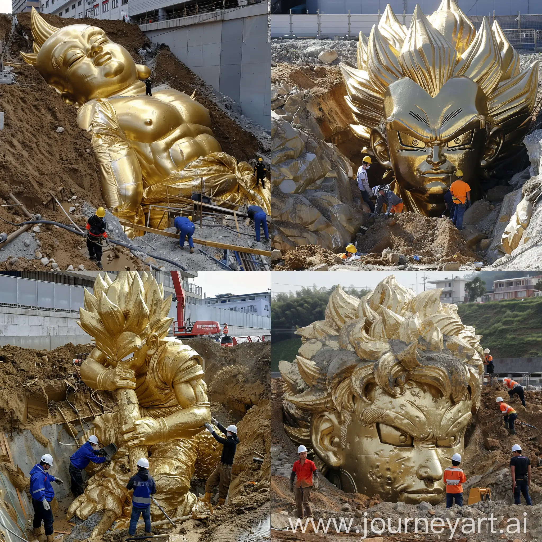 Workers digging out a massive Akira toriyama golden statue, photo