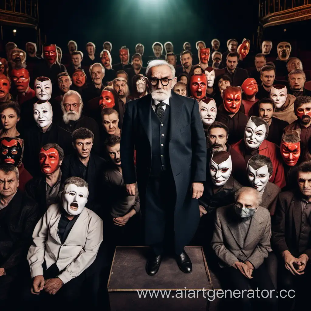 Russian-Theater-Owner-with-Displeased-Expression-and-Masked-Actors-on-Stage
