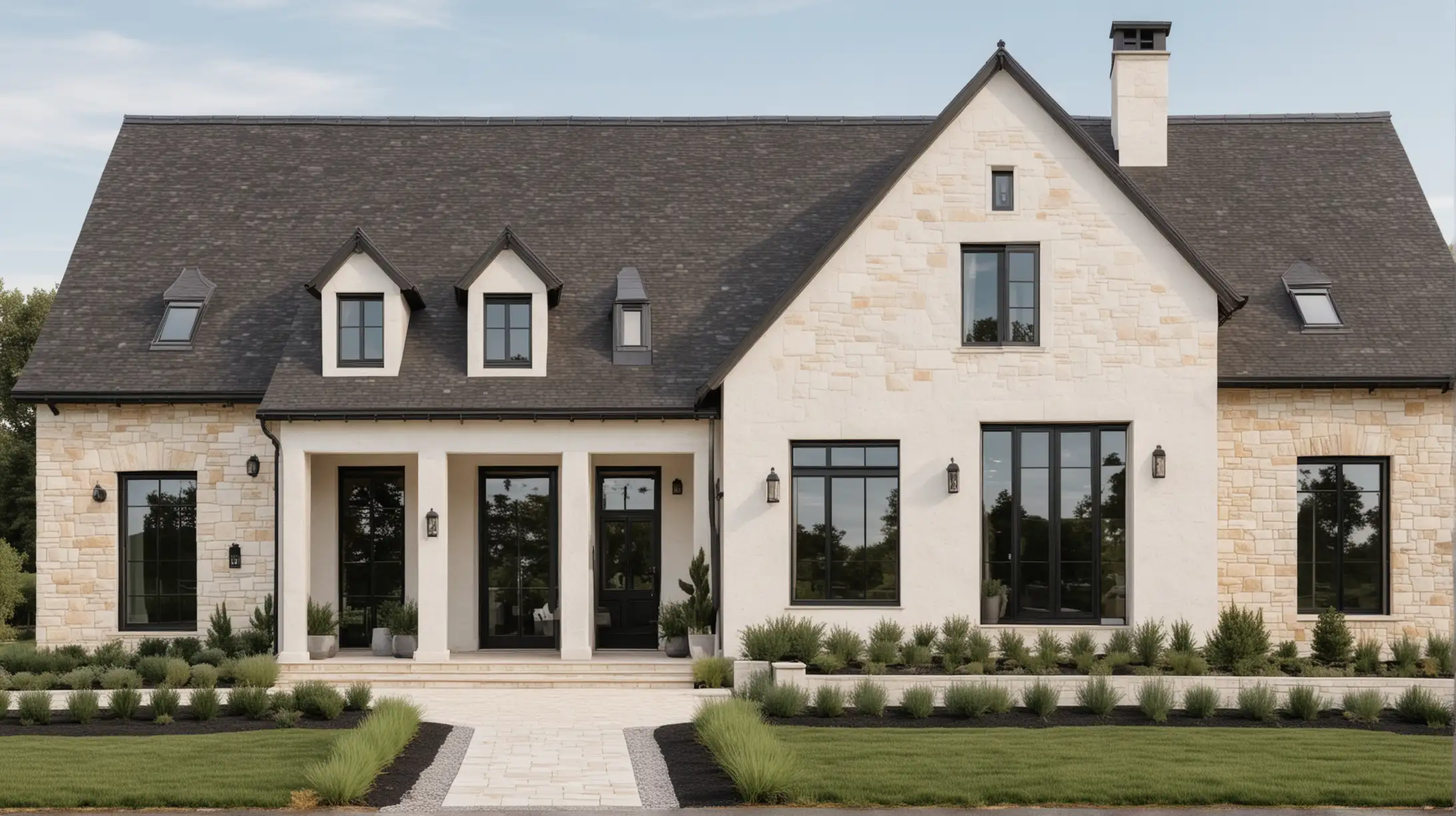 a large modern French farmhouse home that is bright and organic; rendered exterior with black acccents and stone accents


