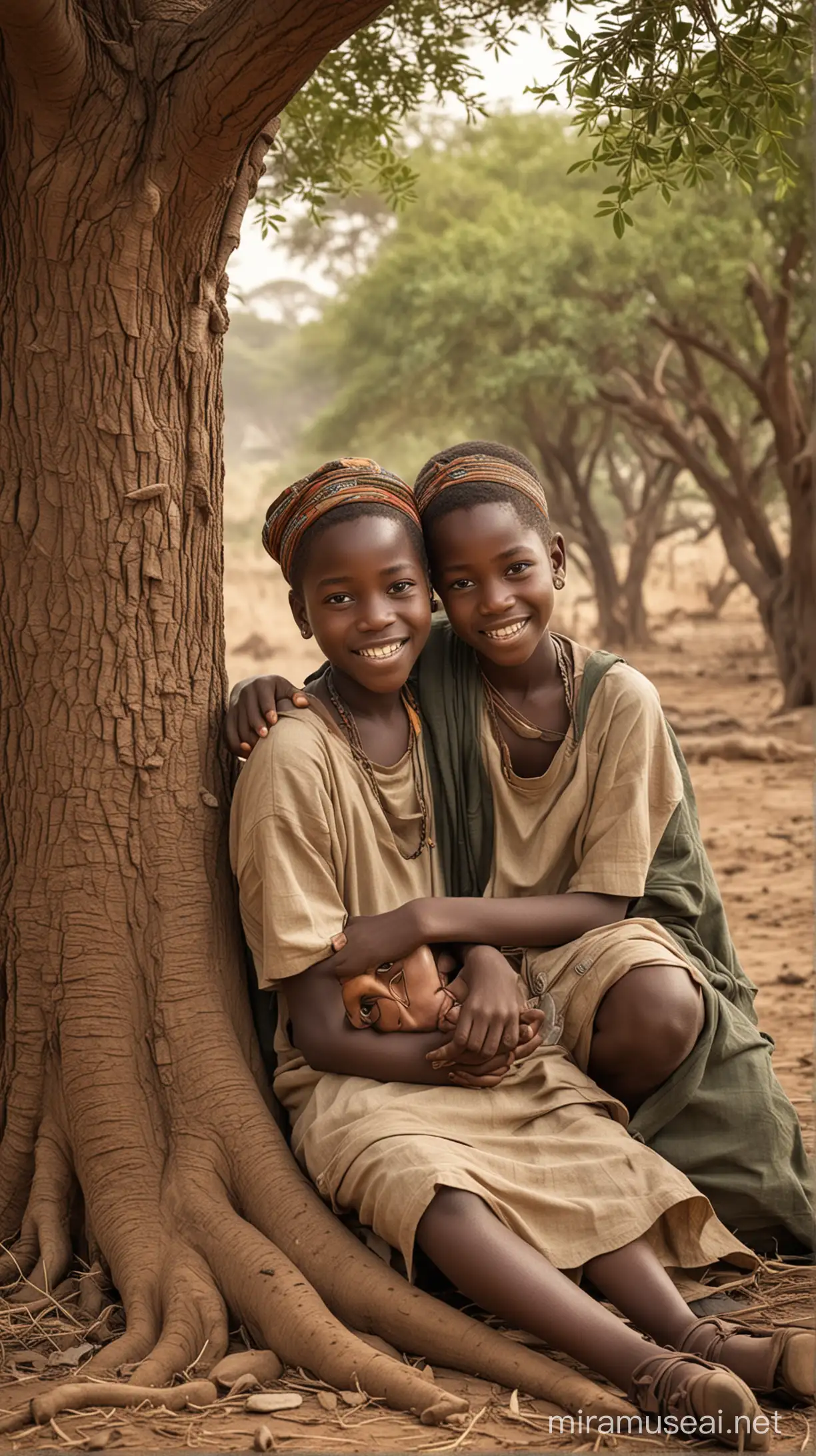 Generate an image portraying the resilience and fortitude of African youth, showcasing children studying together under a tree, embodying the spirit of learning and determination In ancient Africa  