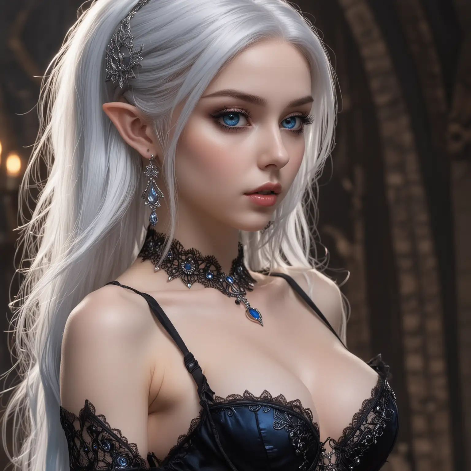1 scared beautiful princess, highly detailed,long-haired, white hair, porcelain skin, stunning blue eyes, blue and black erotic lingerie, air, earrings, collar, small breasts, elf ears, tiara, from behind, standing in front a vampire