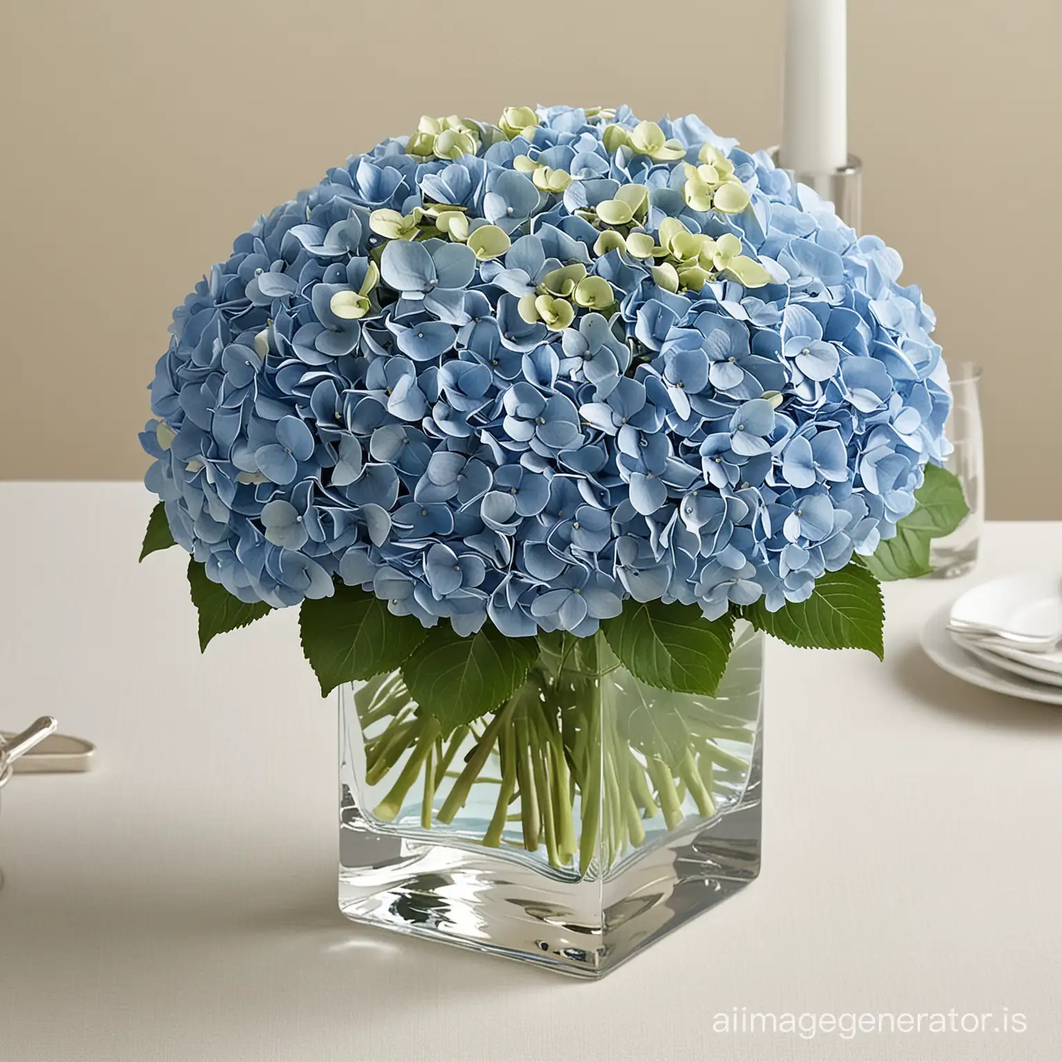 A lush arrangement of summery blue hydrangeas in a square clear glass vase creates a serene and visually appealing centerpiece.

The voluminous nature of hydrangeas, combined with the transparent elegance of the square vase, offers a striking balance of simplicity and sophistication.

To enhance the visual appeal further, consider adding glass blue gems at the base of the square vase, adding depth and interest to the centerpiece.

This arrangement is ideal for those seeking a touch of elegance and tranquility on cocktail tables.