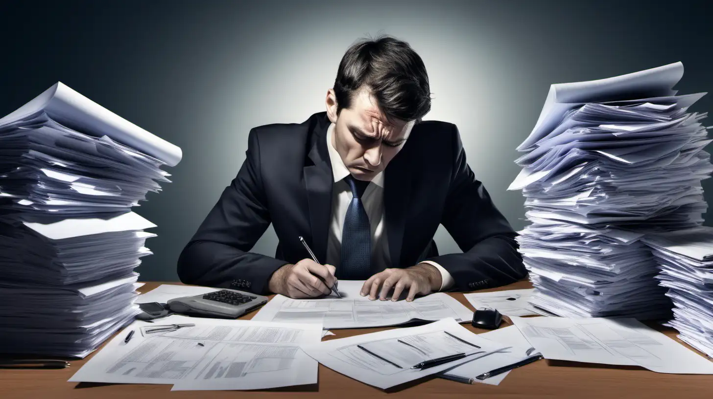 Illustrate a powerful image of a person working diligently at a desk, surrounded by paperwork, with a visible look of fatigue and exhaustion, showcasing the hardships of a demanding job.
