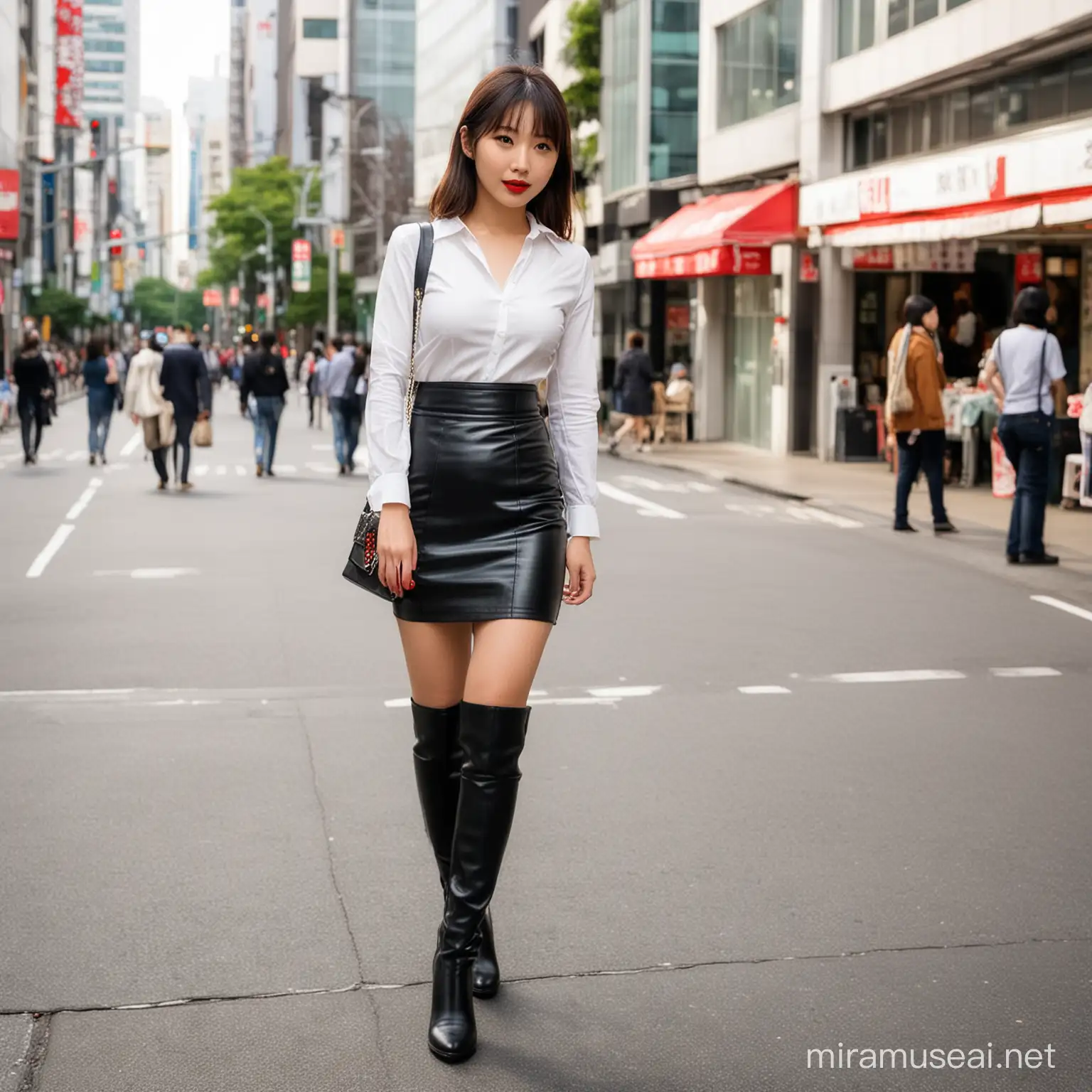 25 year old Japanese woman, full lips, red lipstick,  black leather mid length skirt, white long sleeve skirt, knee high 6 inch heel boots, downtown tokyo