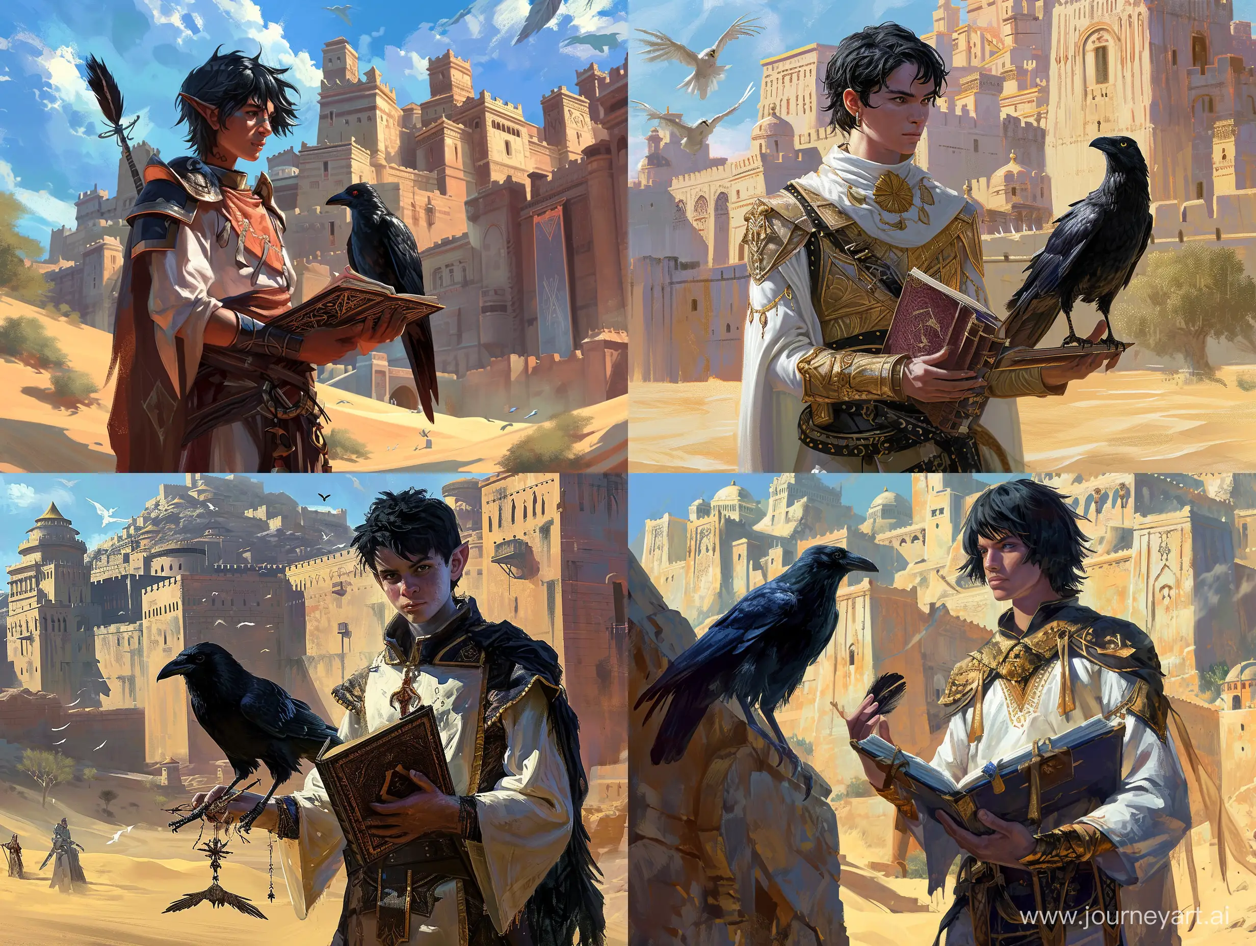 young male teenage pale white human samsaran wizard with black hair with a magical crow and spellbook in front of a university of a rich city with big walls in the middle of the desert, high resolution, fantasy world, dungeons and dragons