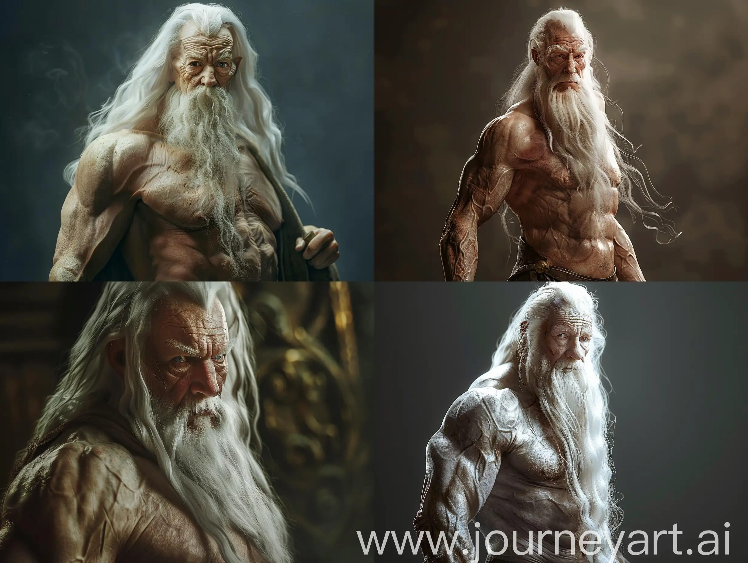 Dumbledore character from Harry Potter movie, With a muscular and trained body, look at the camera, half body, realistic, cinematic lighting, q2